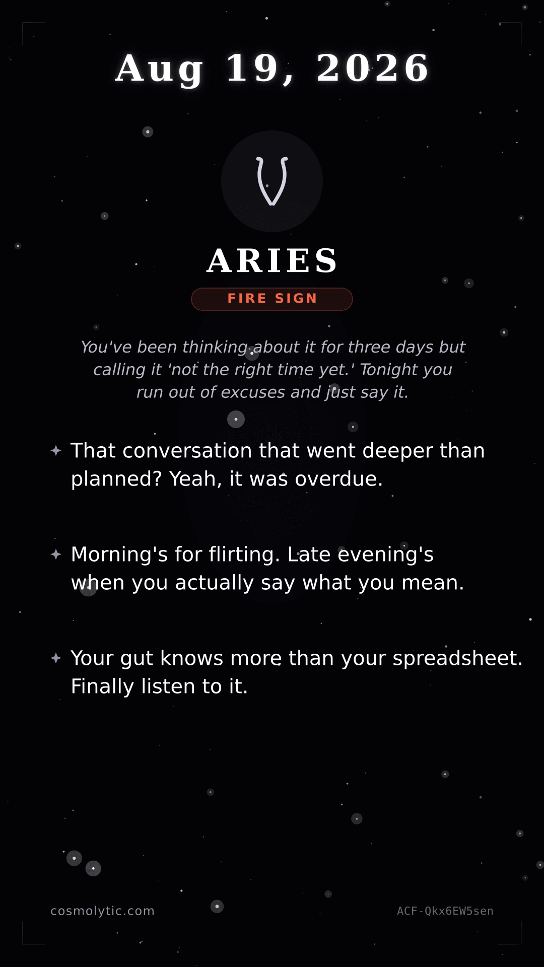 Aries daily horoscope card for August 19, 2026
