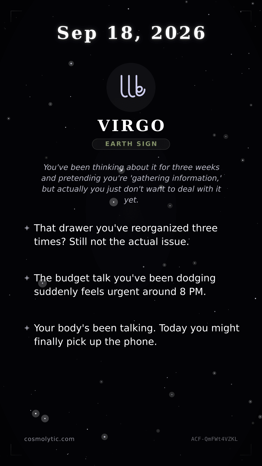 Virgo daily horoscope card for September 18, 2026