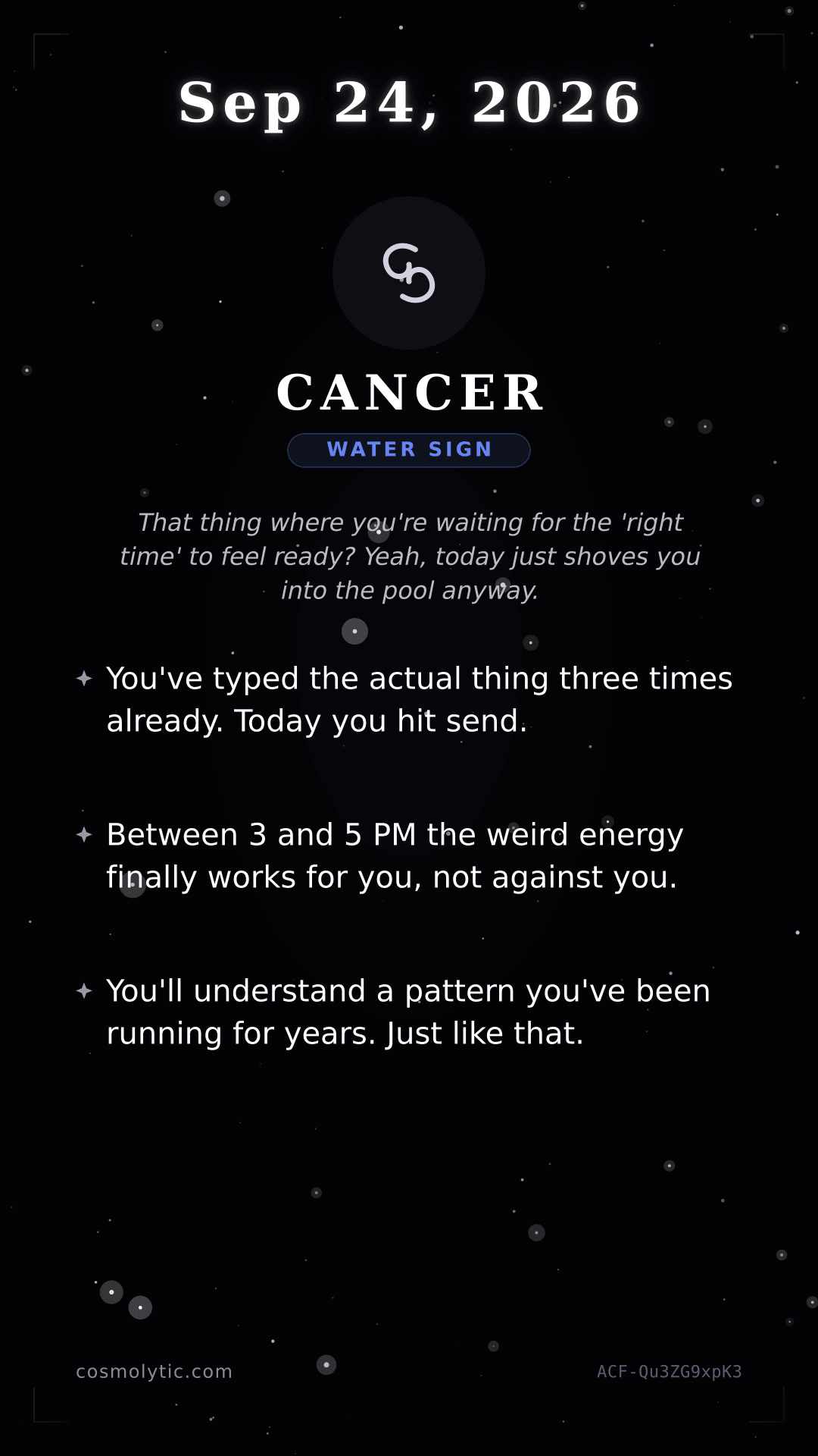 Cancer daily horoscope card for September 24, 2026