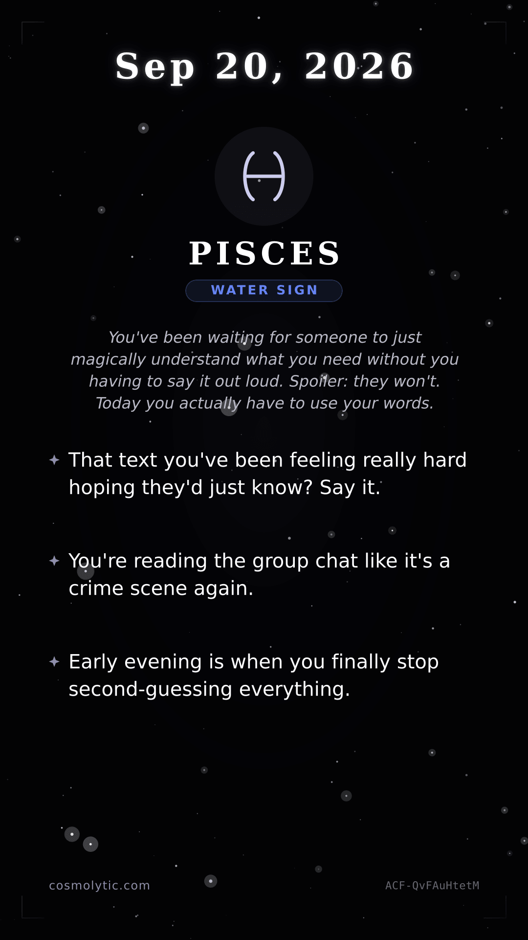 Pisces daily horoscope card for September 20, 2026