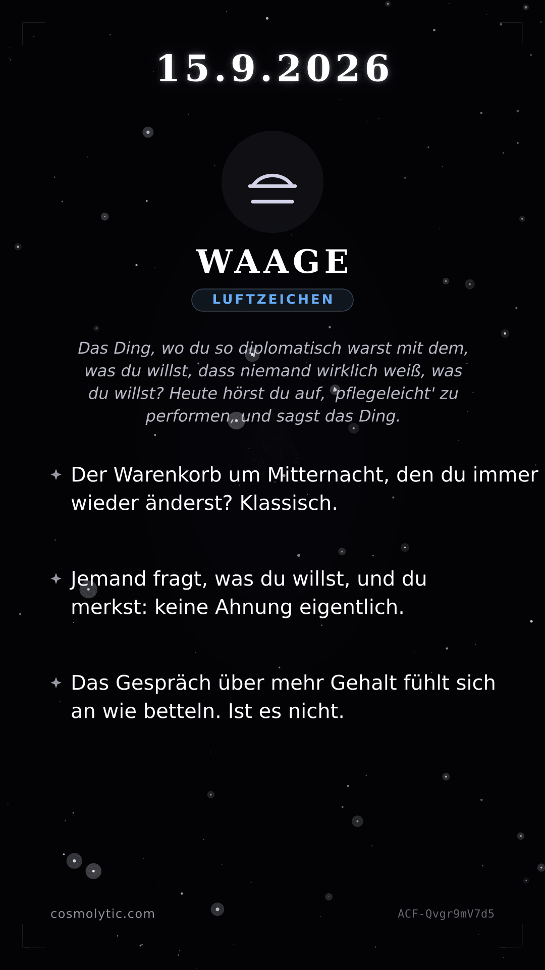Waage Tageshoroskop-Karte für 15. September 2026