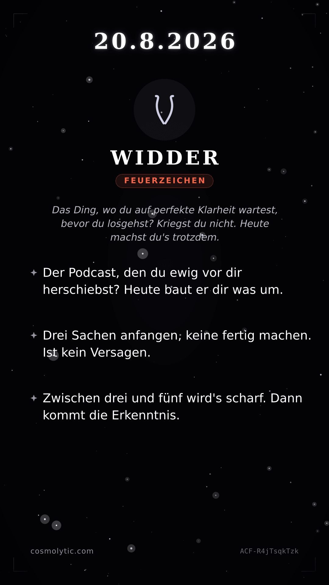 Widder Tageshoroskop-Karte für 20. August 2026