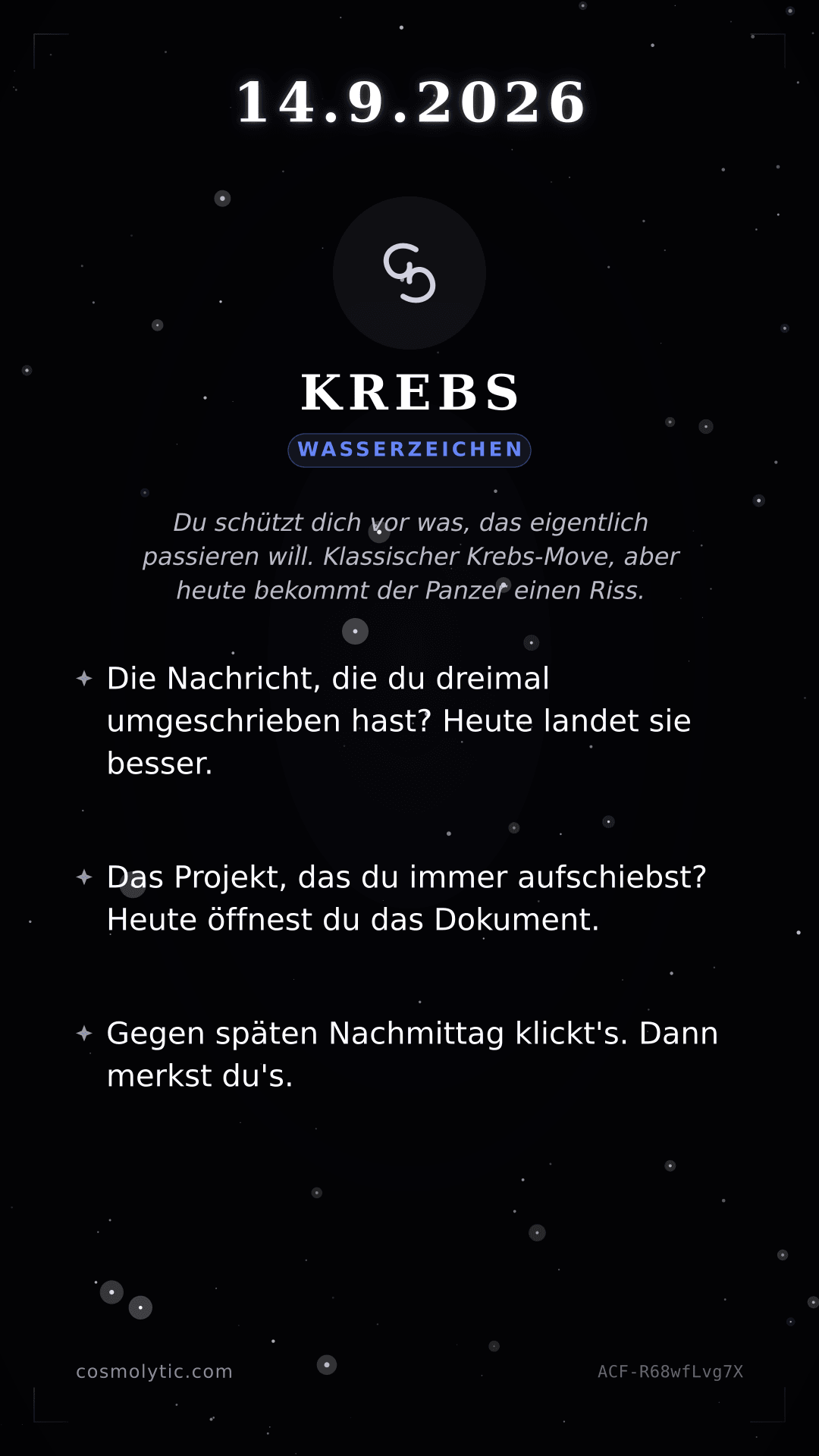 Krebs Tageshoroskop-Karte für 14. September 2026