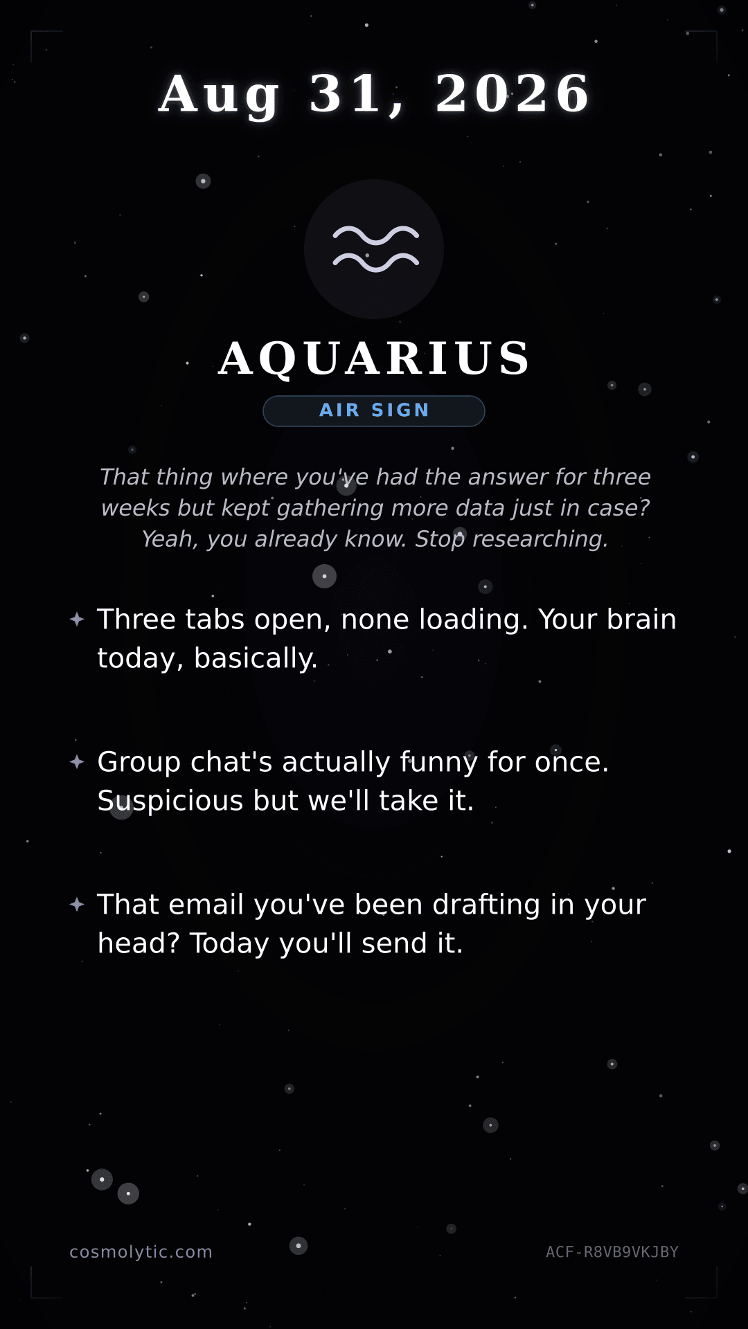 Aquarius daily horoscope card for August 31, 2026