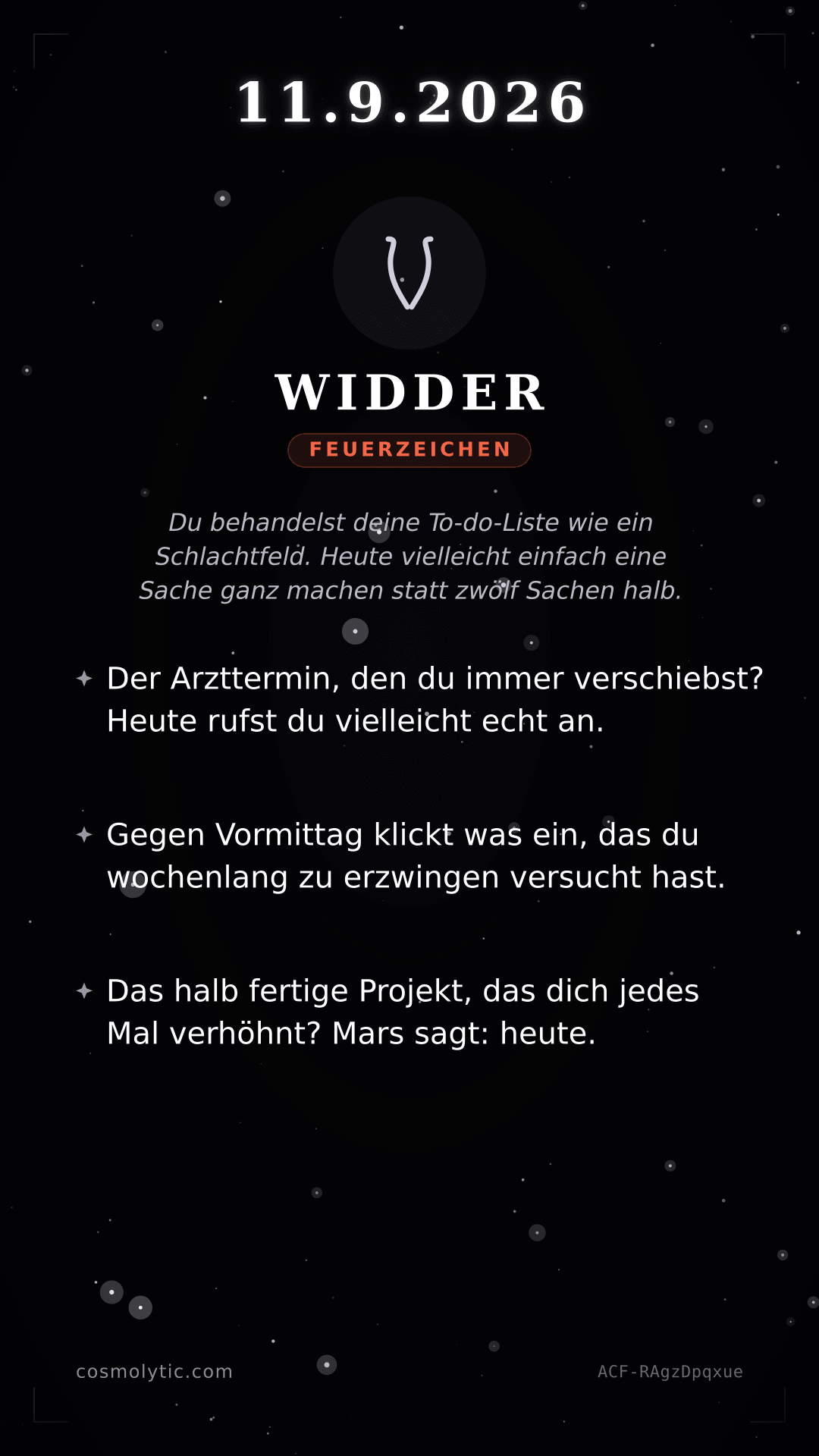 Widder Tageshoroskop-Karte für 11. September 2026