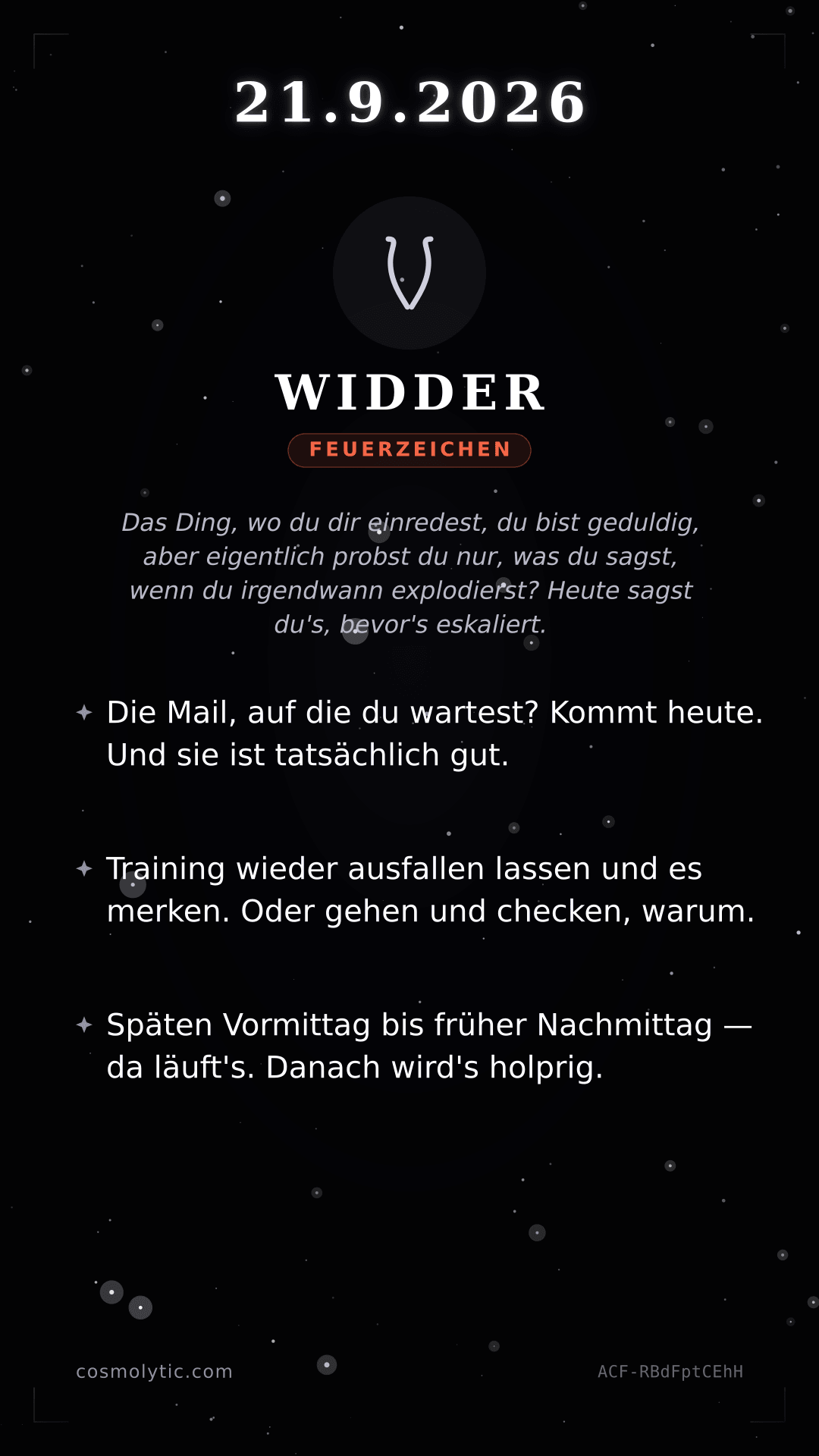 Widder Tageshoroskop-Karte für 21. September 2026