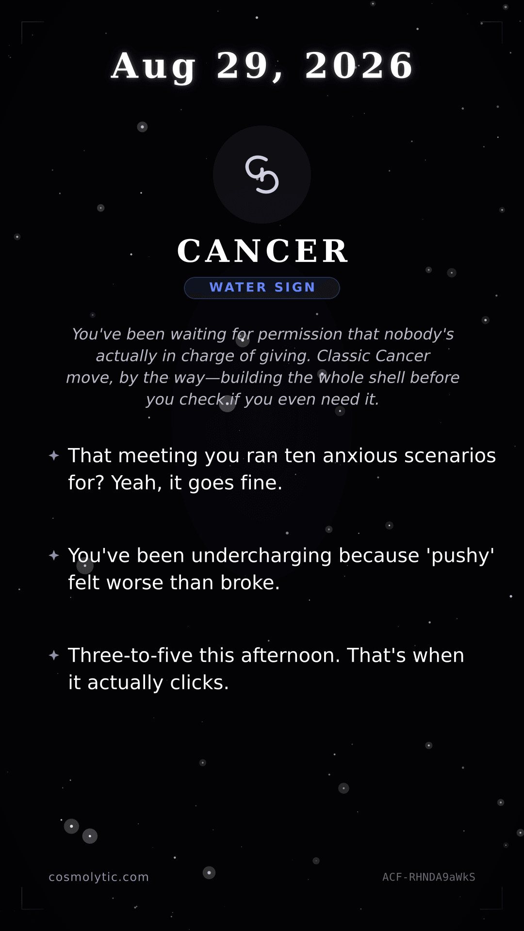 Cancer daily horoscope card for August 29, 2026