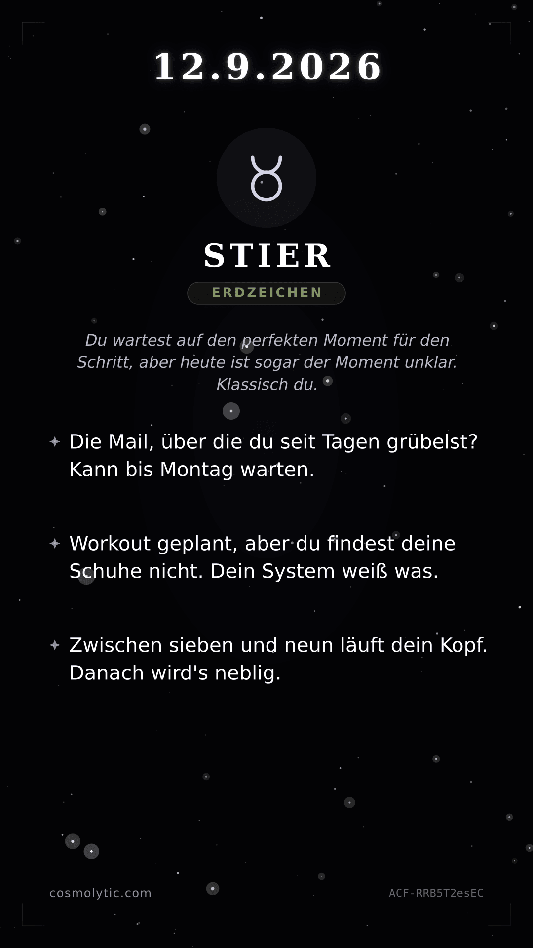 Stier Tageshoroskop-Karte für 12. September 2026