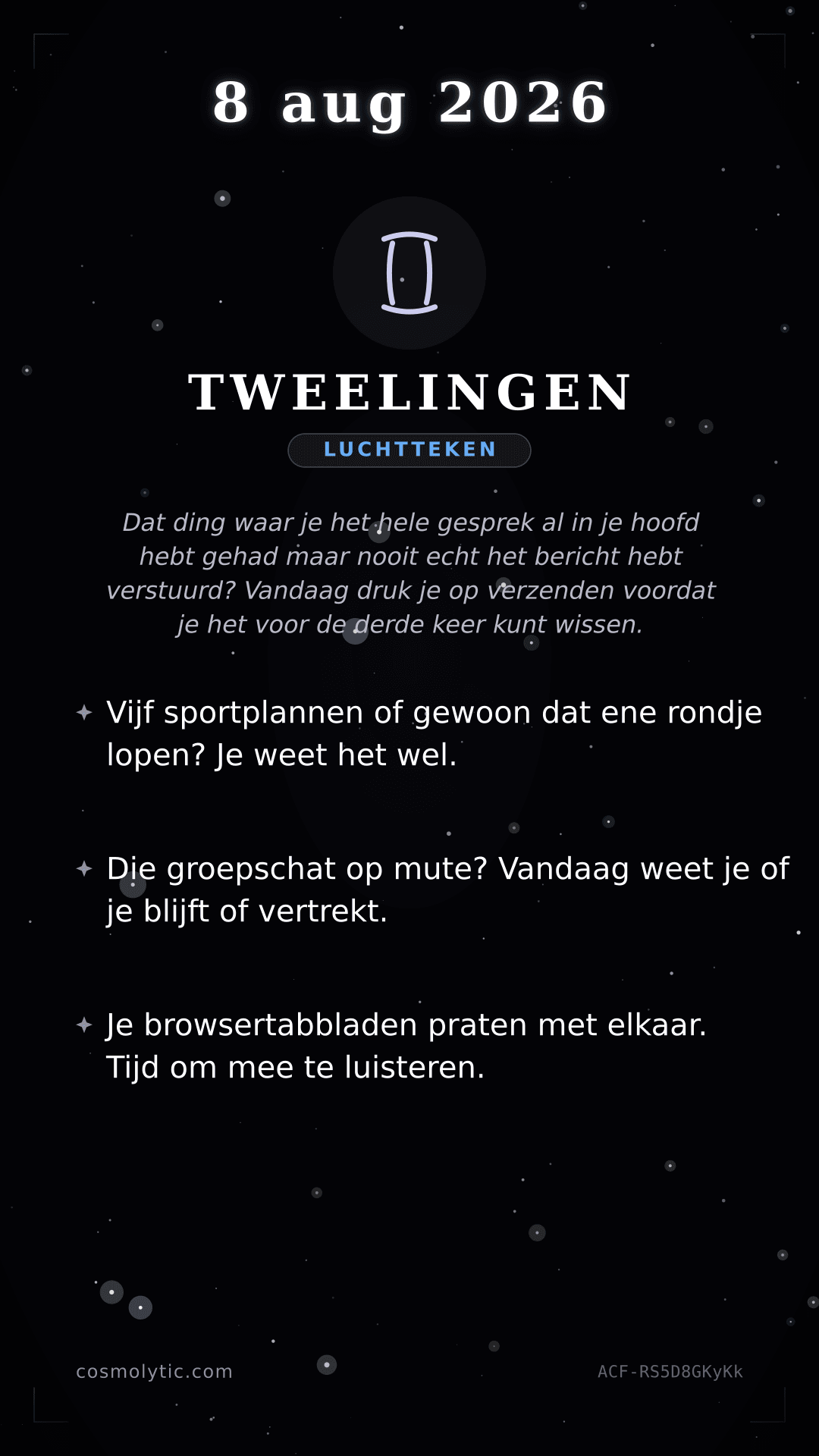 Tweelingen daghoroscoop kaart voor 8 augustus 2026