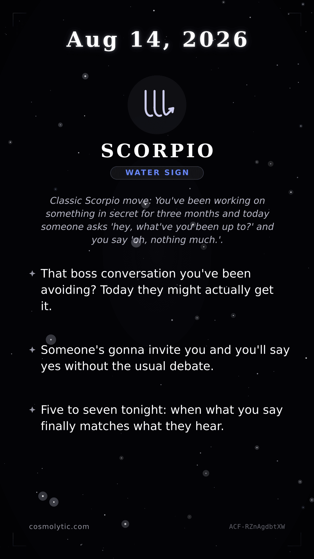 Scorpio daily horoscope card for August 14, 2026