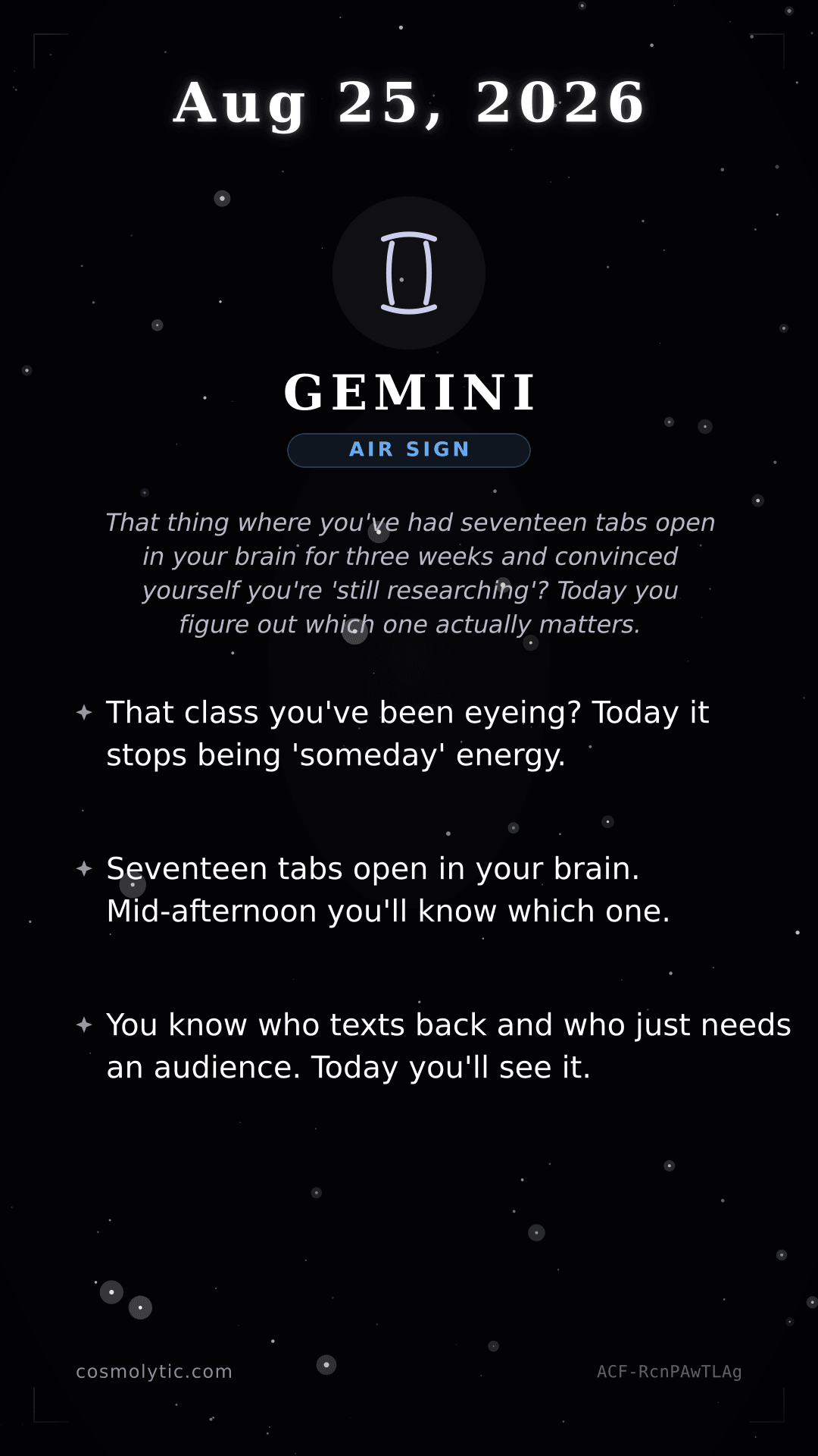 Gemini daily horoscope card for August 25, 2026
