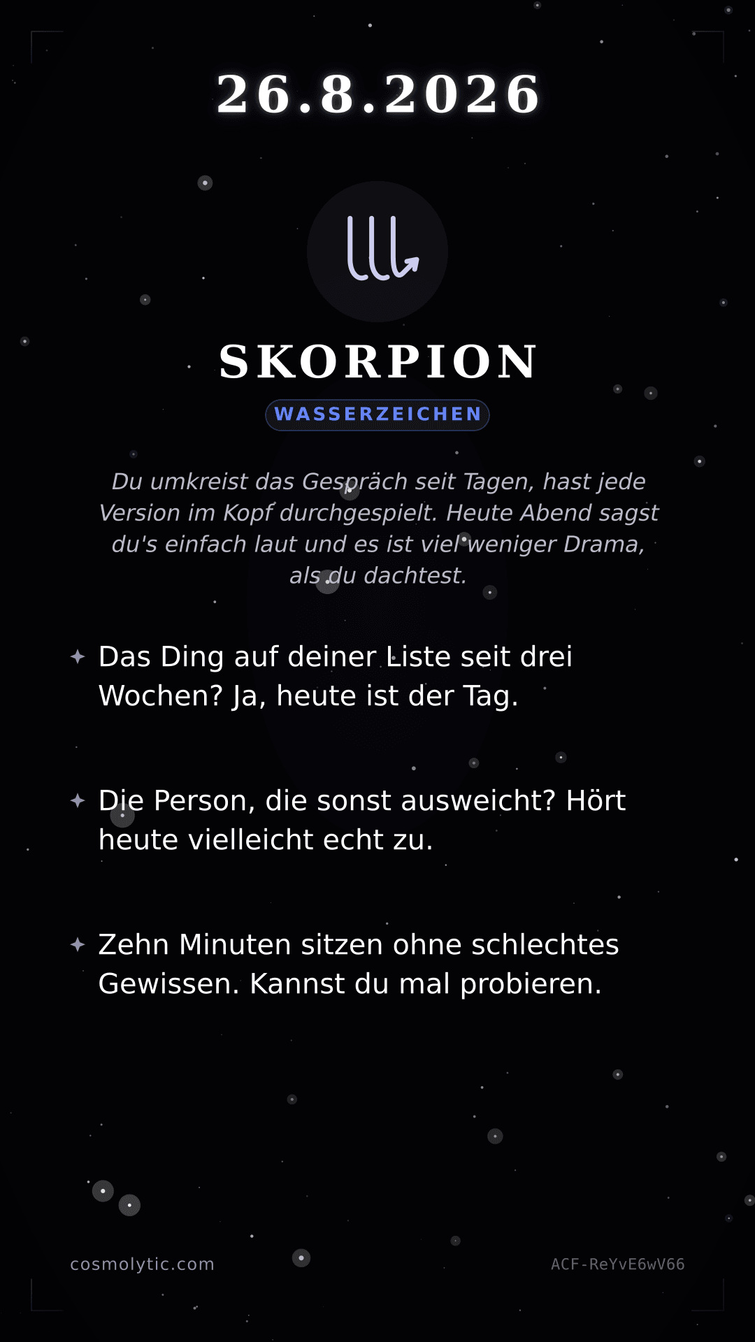 Skorpion Tageshoroskop-Karte für 26. August 2026