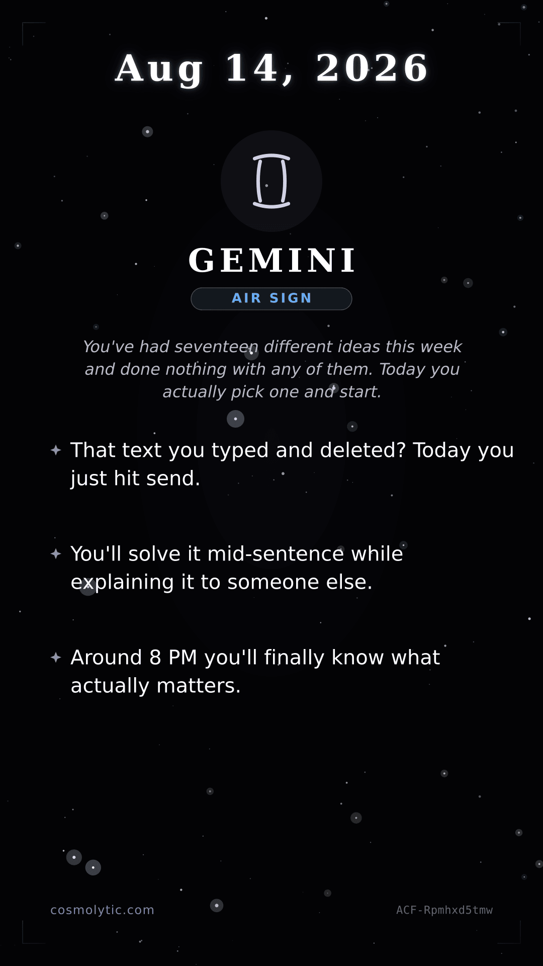 Gemini daily horoscope card for August 14, 2026