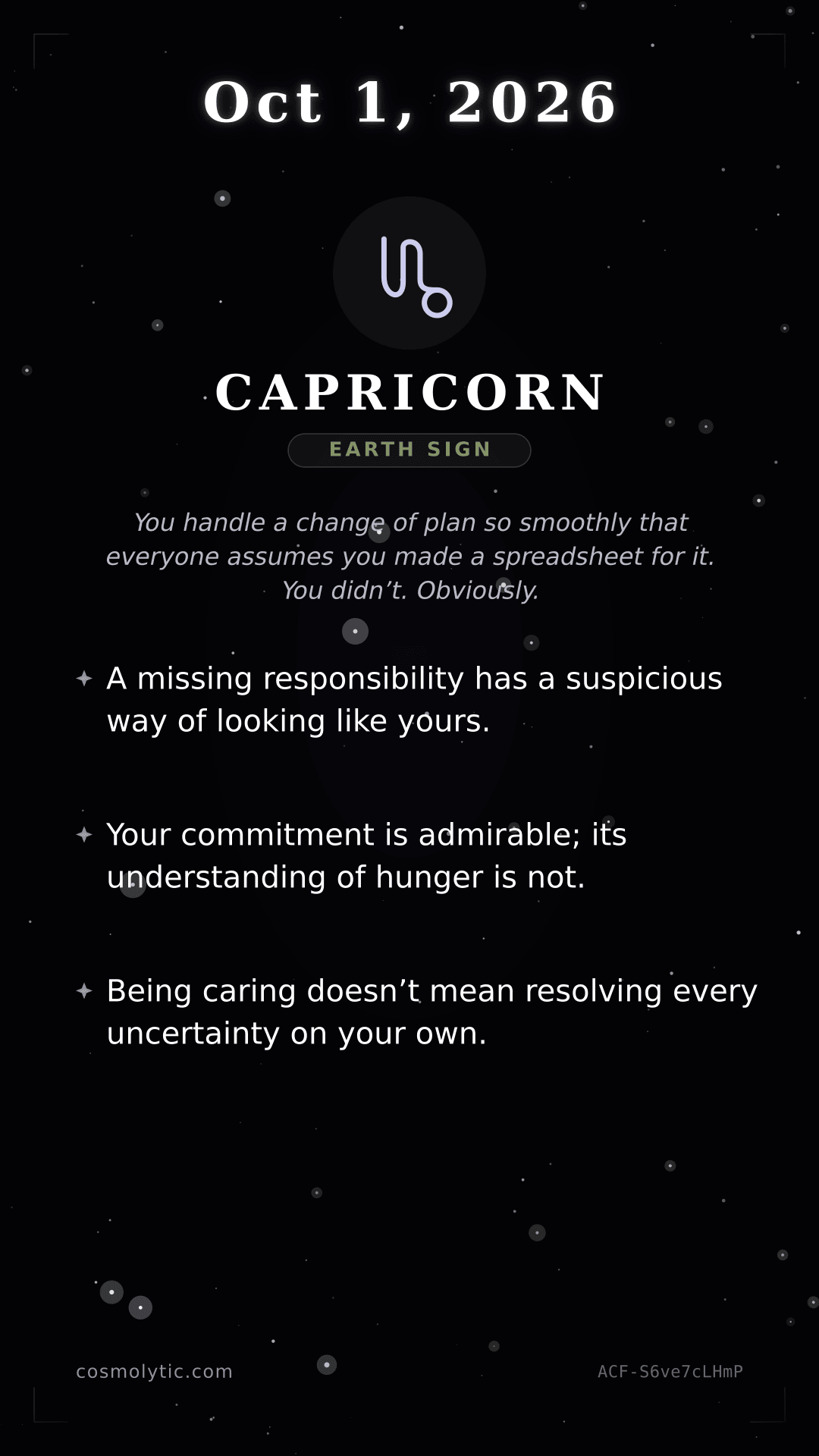Capricorn daily horoscope card for October 1, 2026