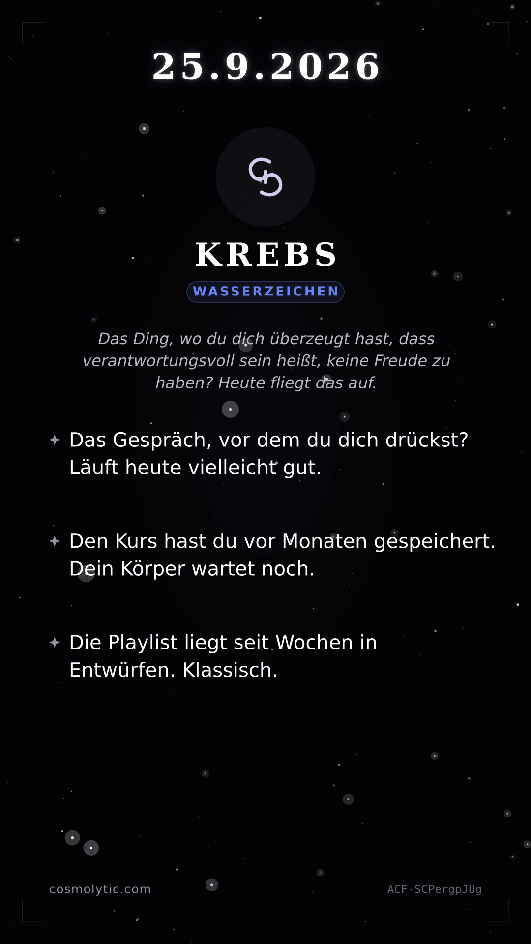 Krebs Tageshoroskop-Karte für 25. September 2026