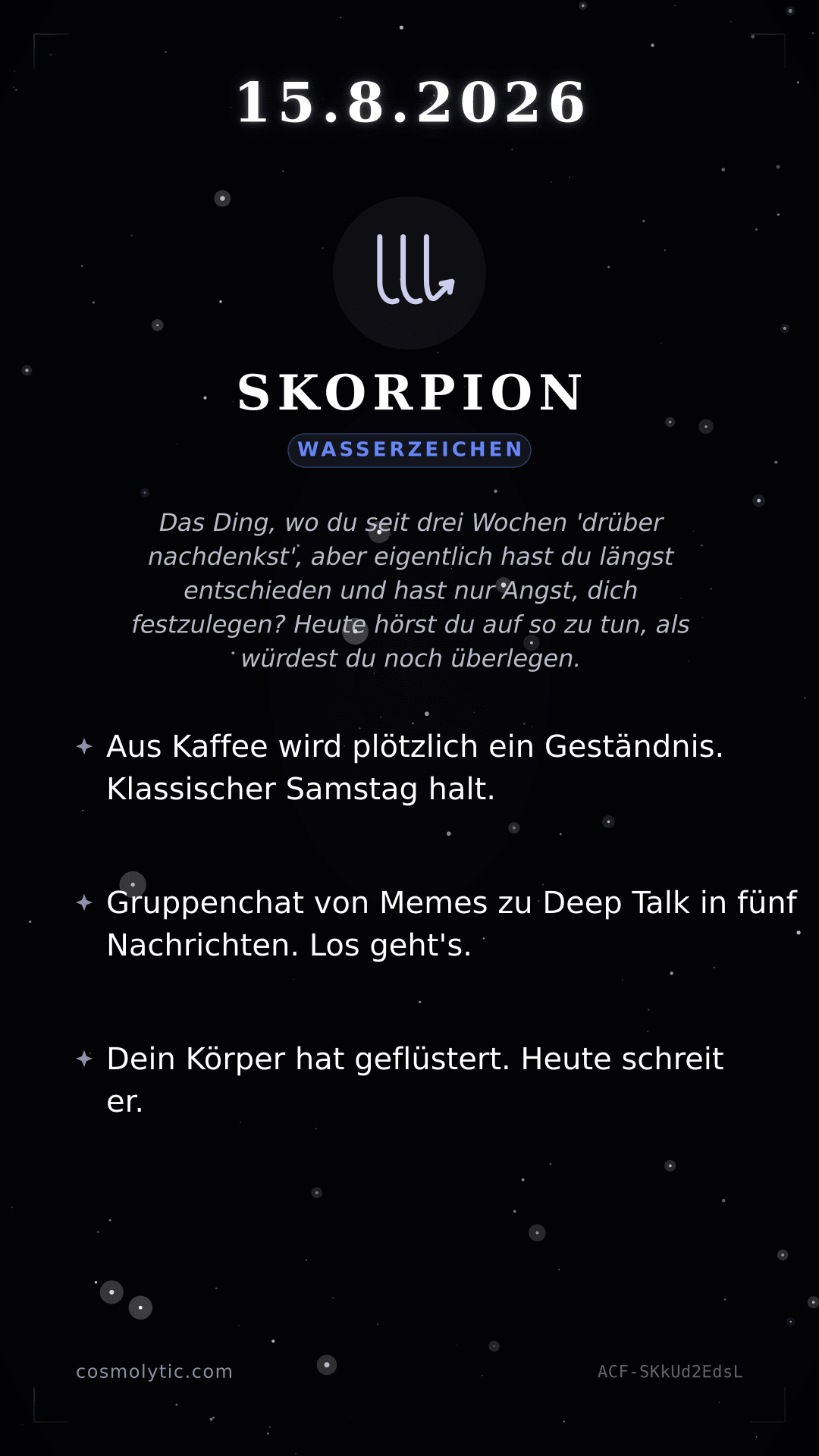 Skorpion Tageshoroskop-Karte für 15. August 2026