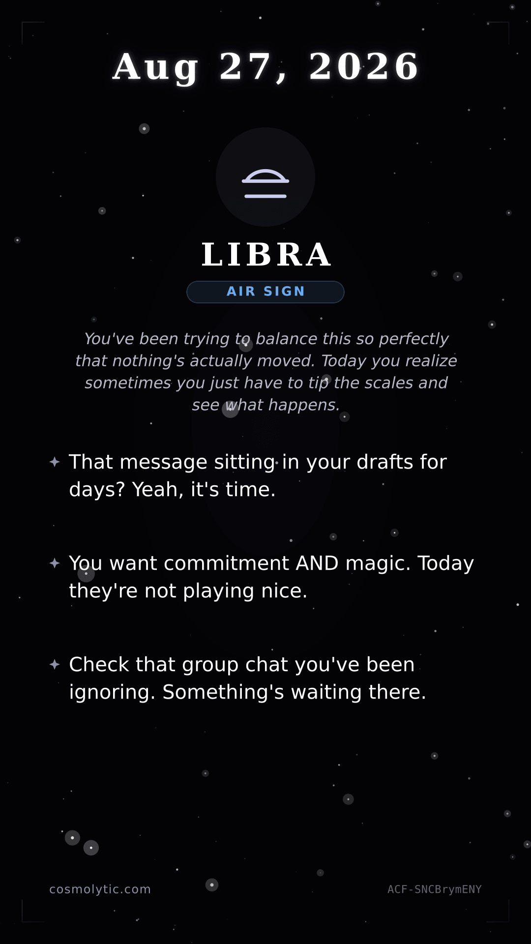 Libra daily horoscope card for August 27, 2026