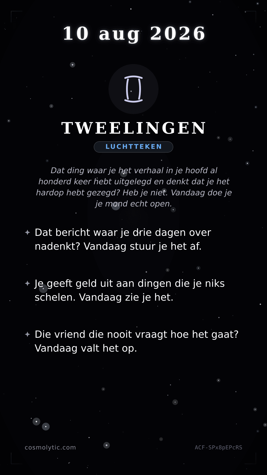 Tweelingen daghoroscoop kaart voor 10 augustus 2026