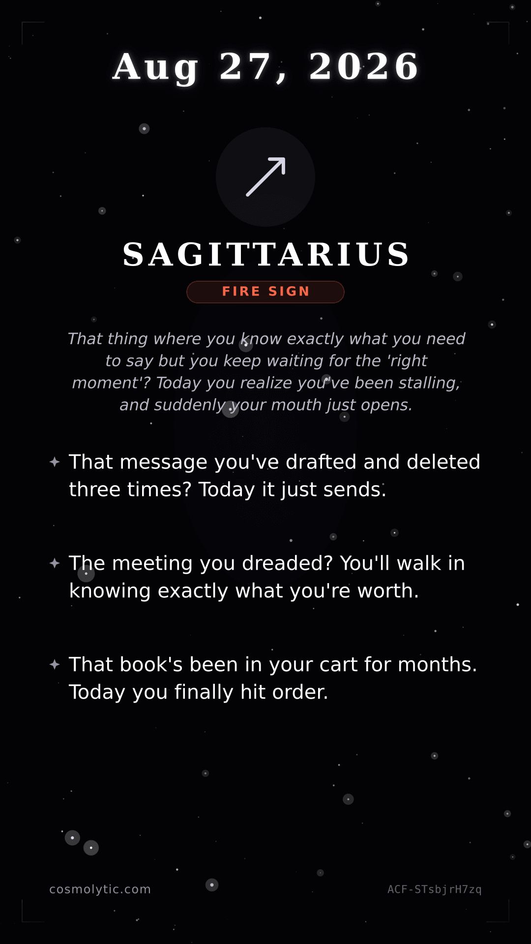 Sagittarius daily horoscope card for August 27, 2026