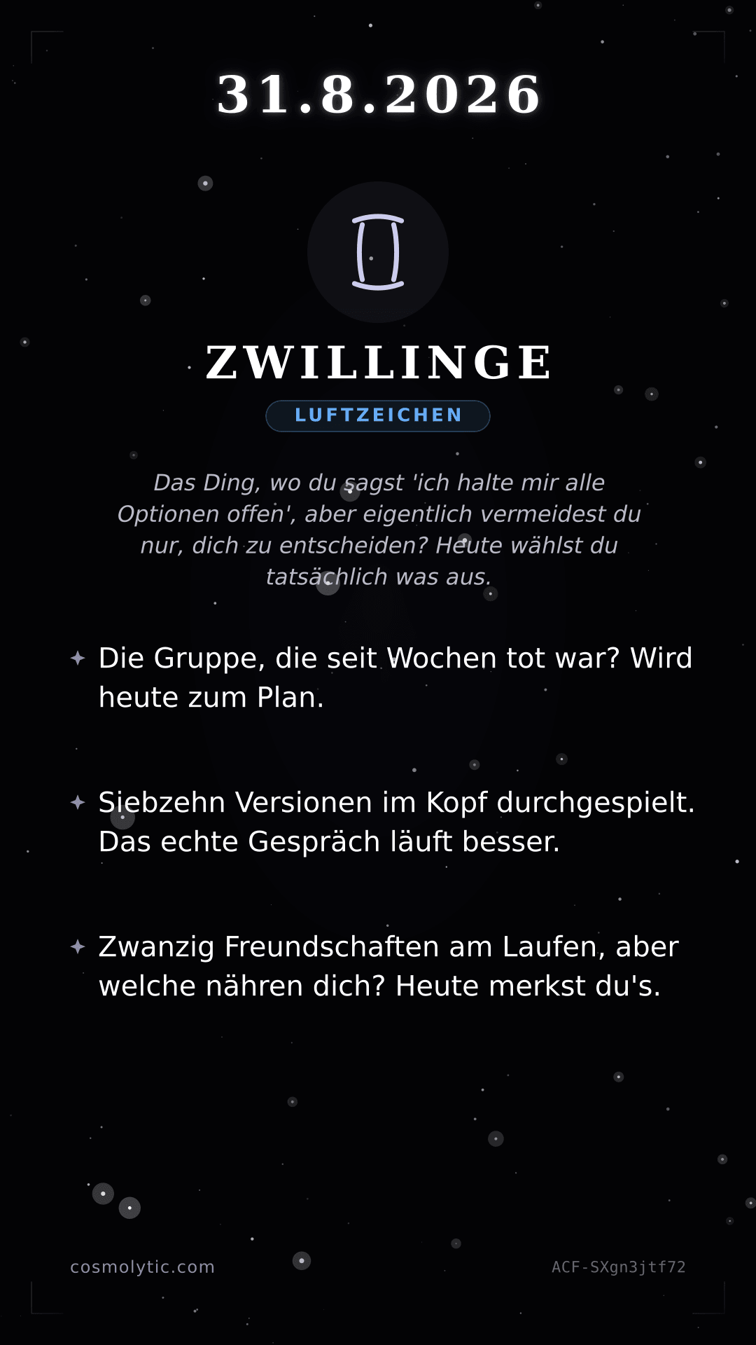 Zwillinge Tageshoroskop-Karte für 31. August 2026