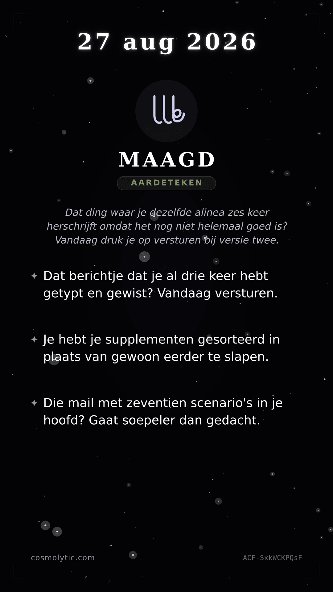 Maagd daghoroscoop kaart voor 27 augustus 2026