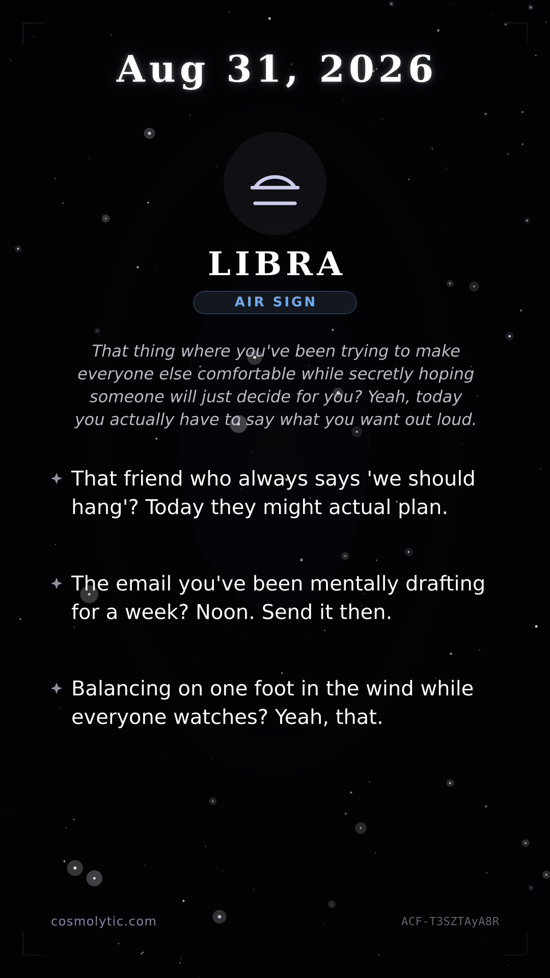 Libra daily horoscope card for August 31, 2026