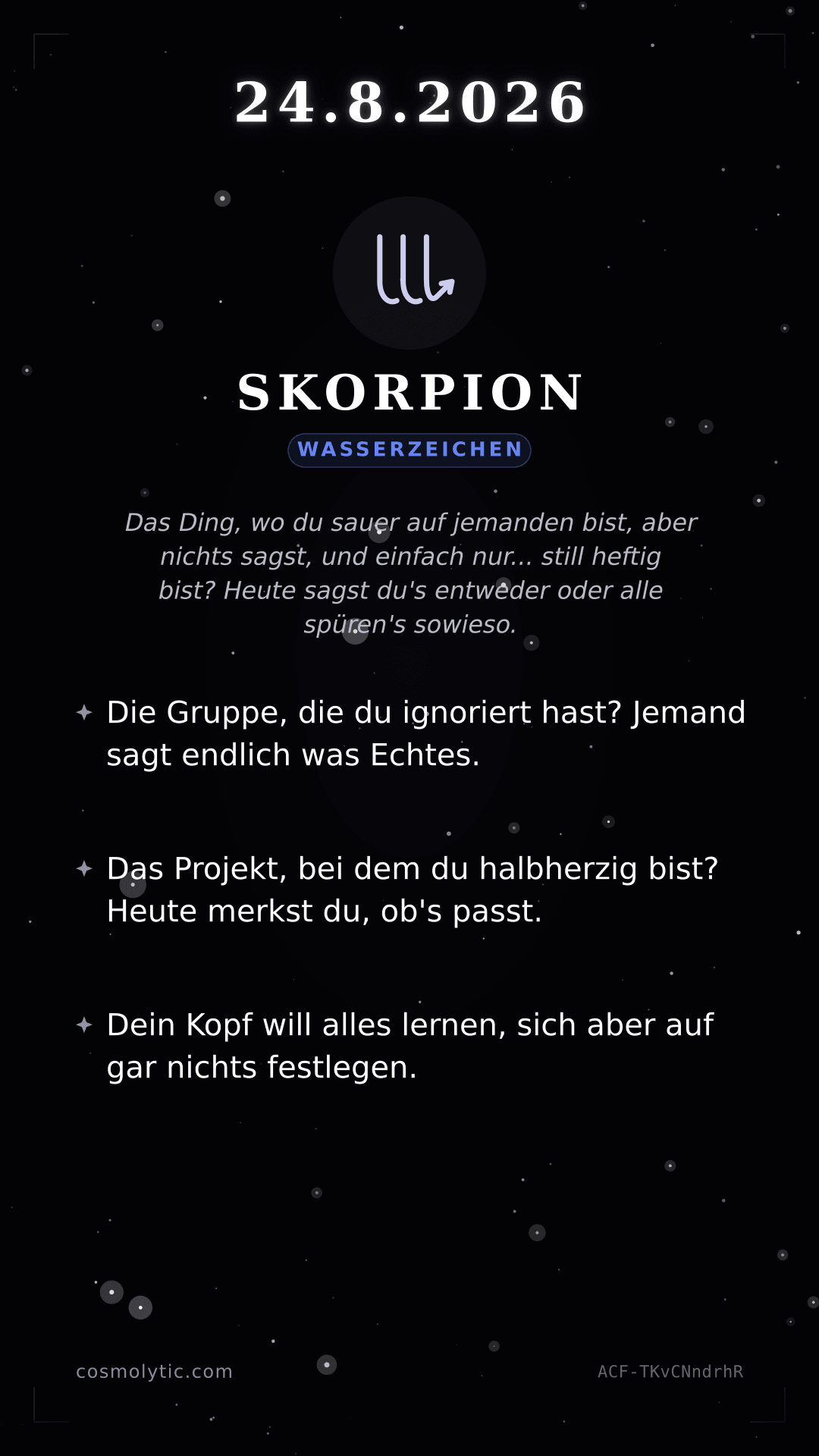 Skorpion Tageshoroskop-Karte für 24. August 2026