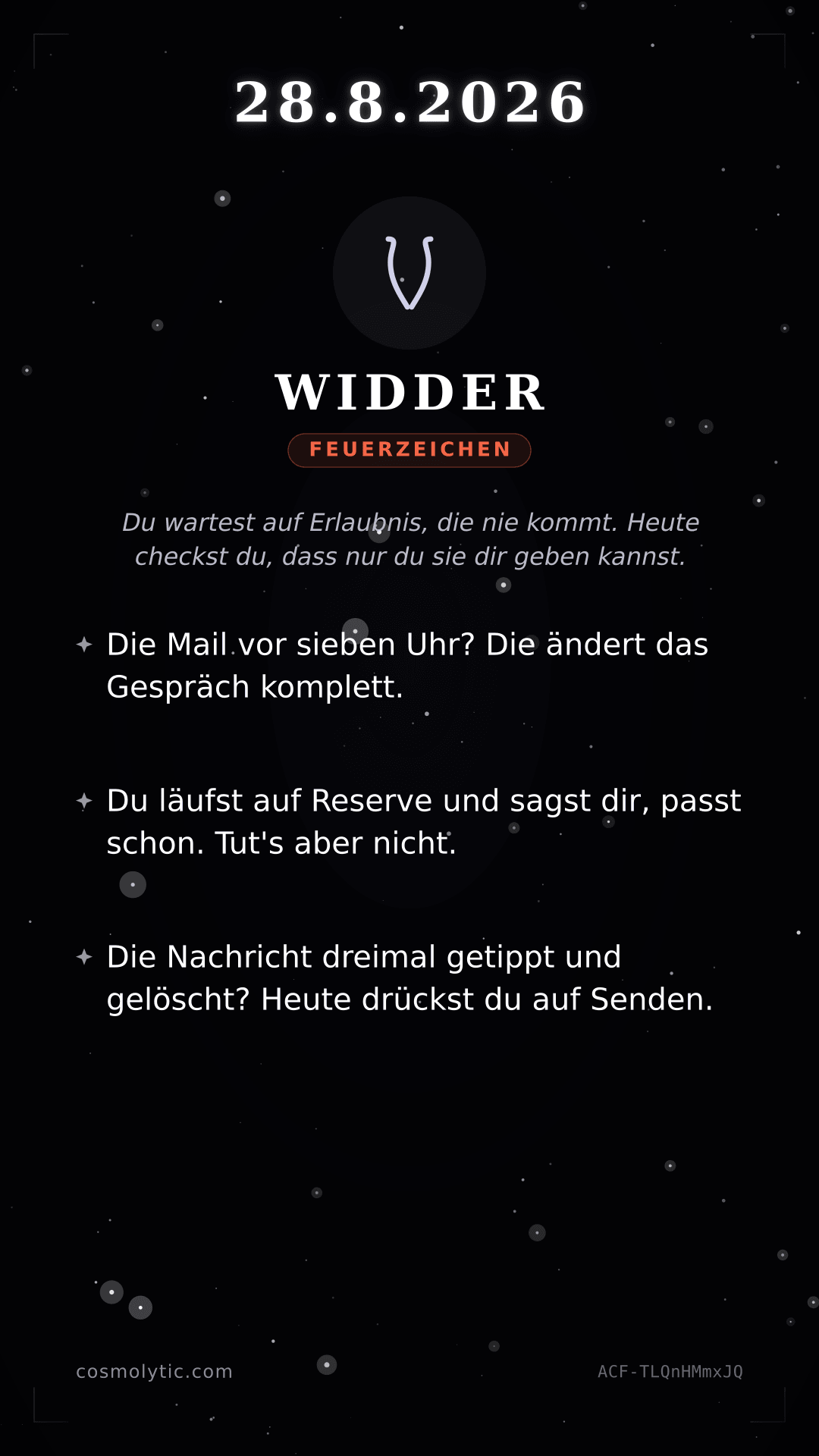 Widder Tageshoroskop-Karte für 28. August 2026