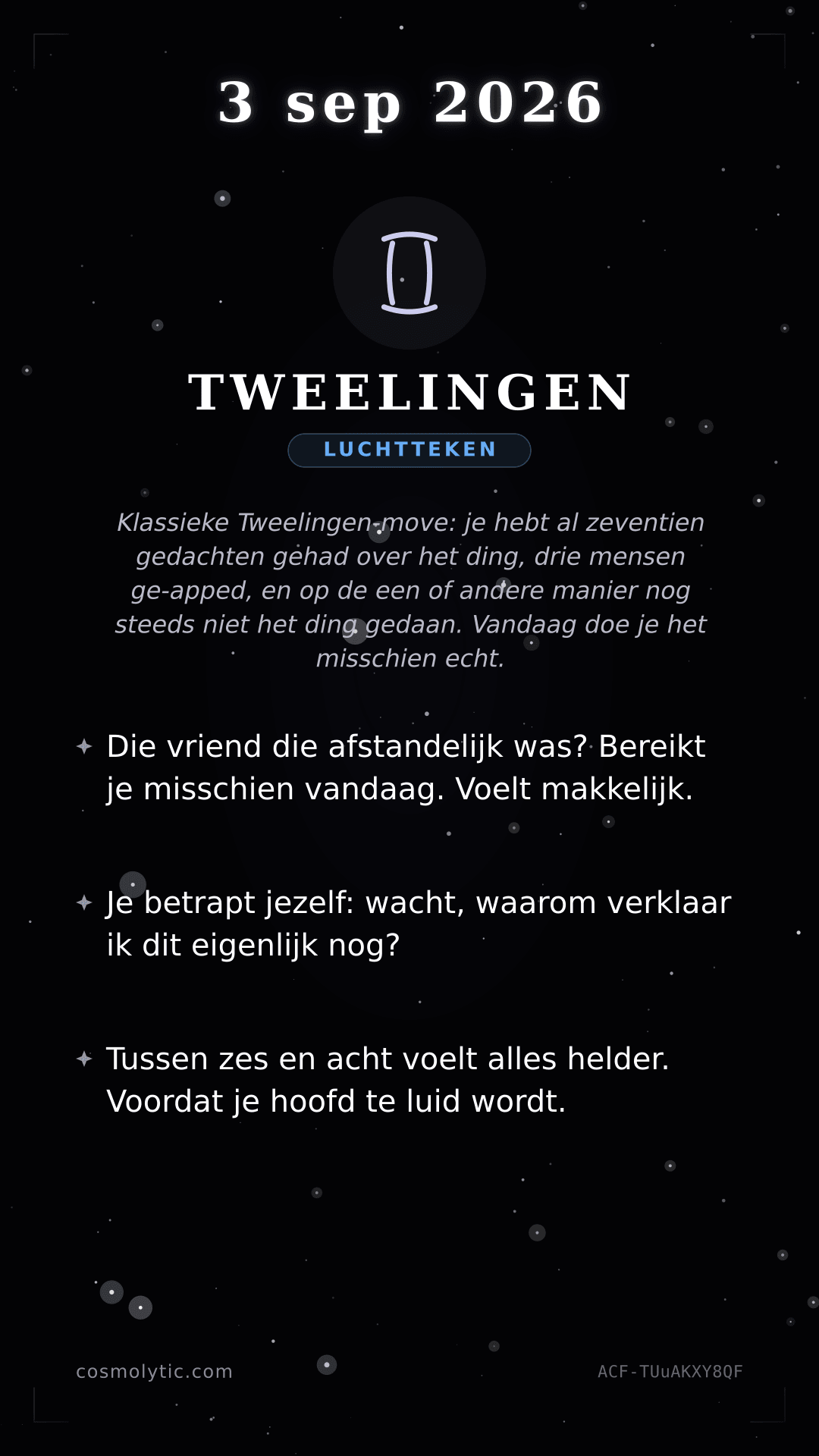 Tweelingen daghoroscoop kaart voor 3 september 2026