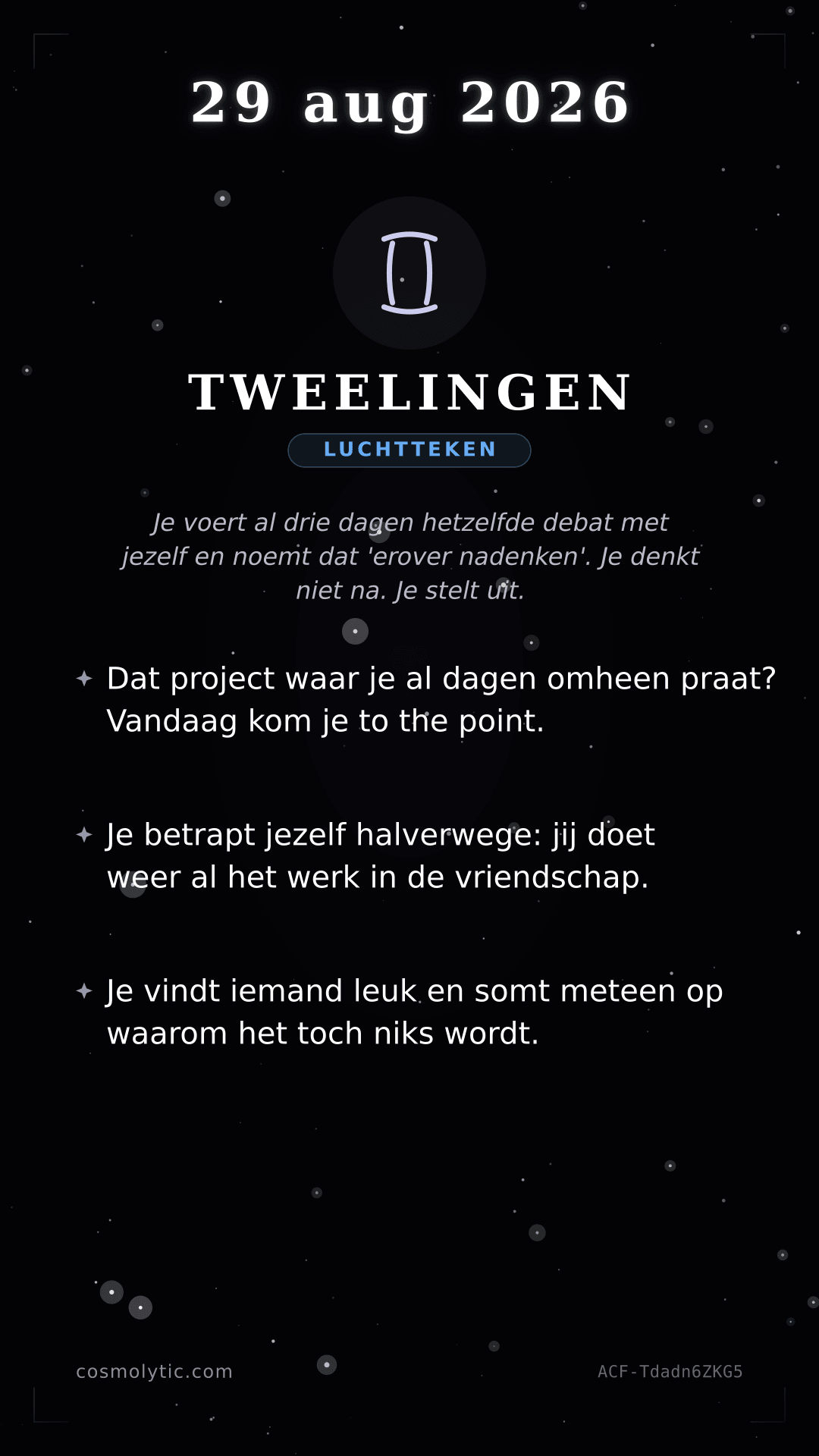 Tweelingen daghoroscoop kaart voor 29 augustus 2026