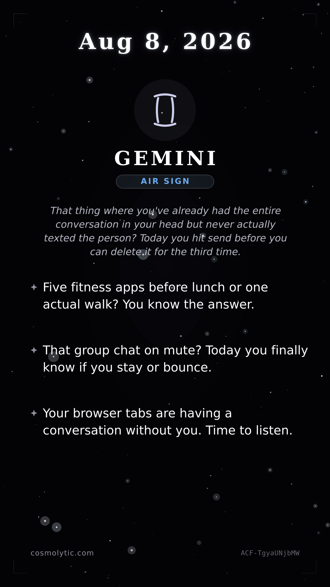 Gemini daily horoscope card for August 8, 2026