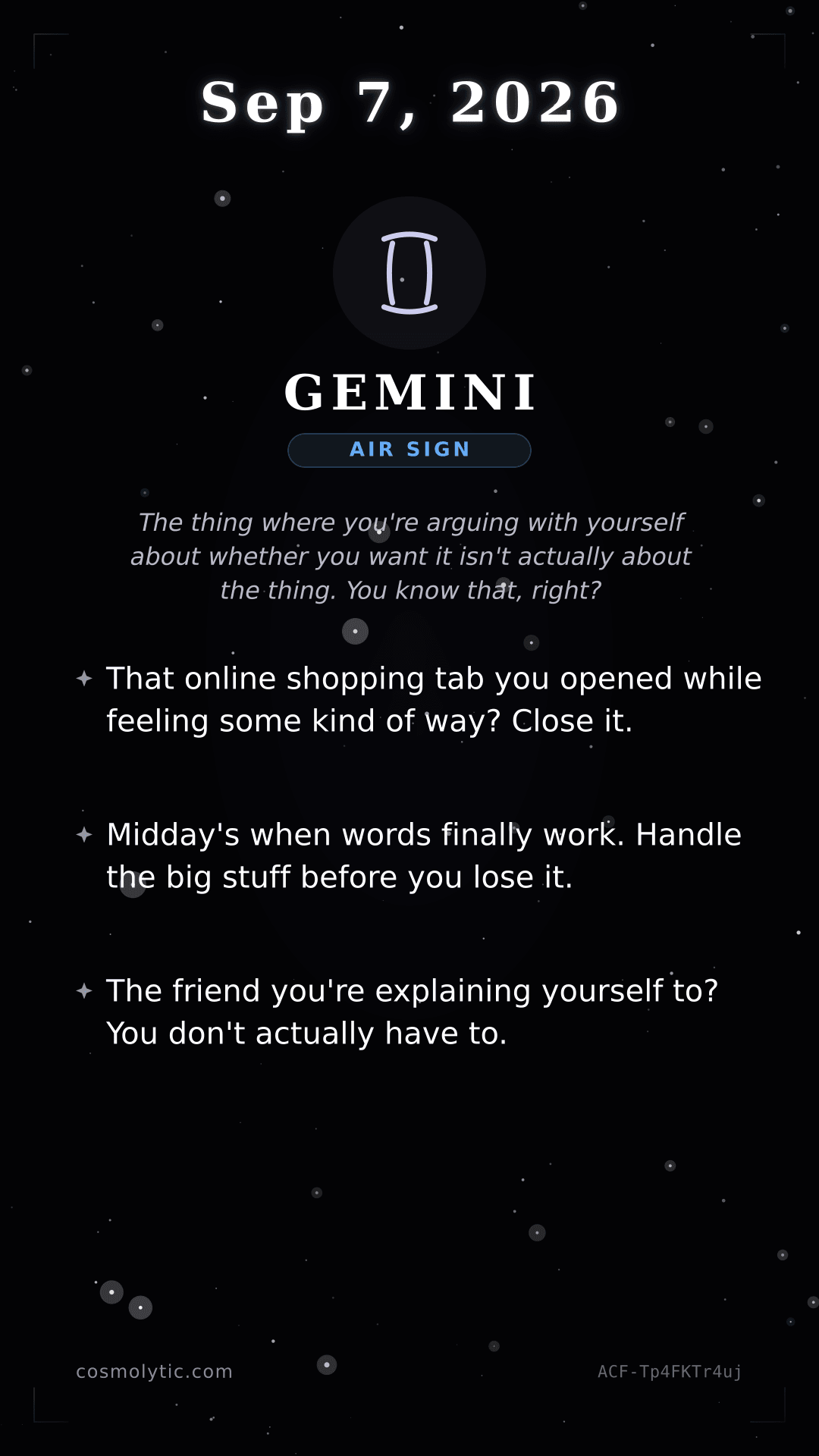 Gemini daily horoscope card for September 7, 2026