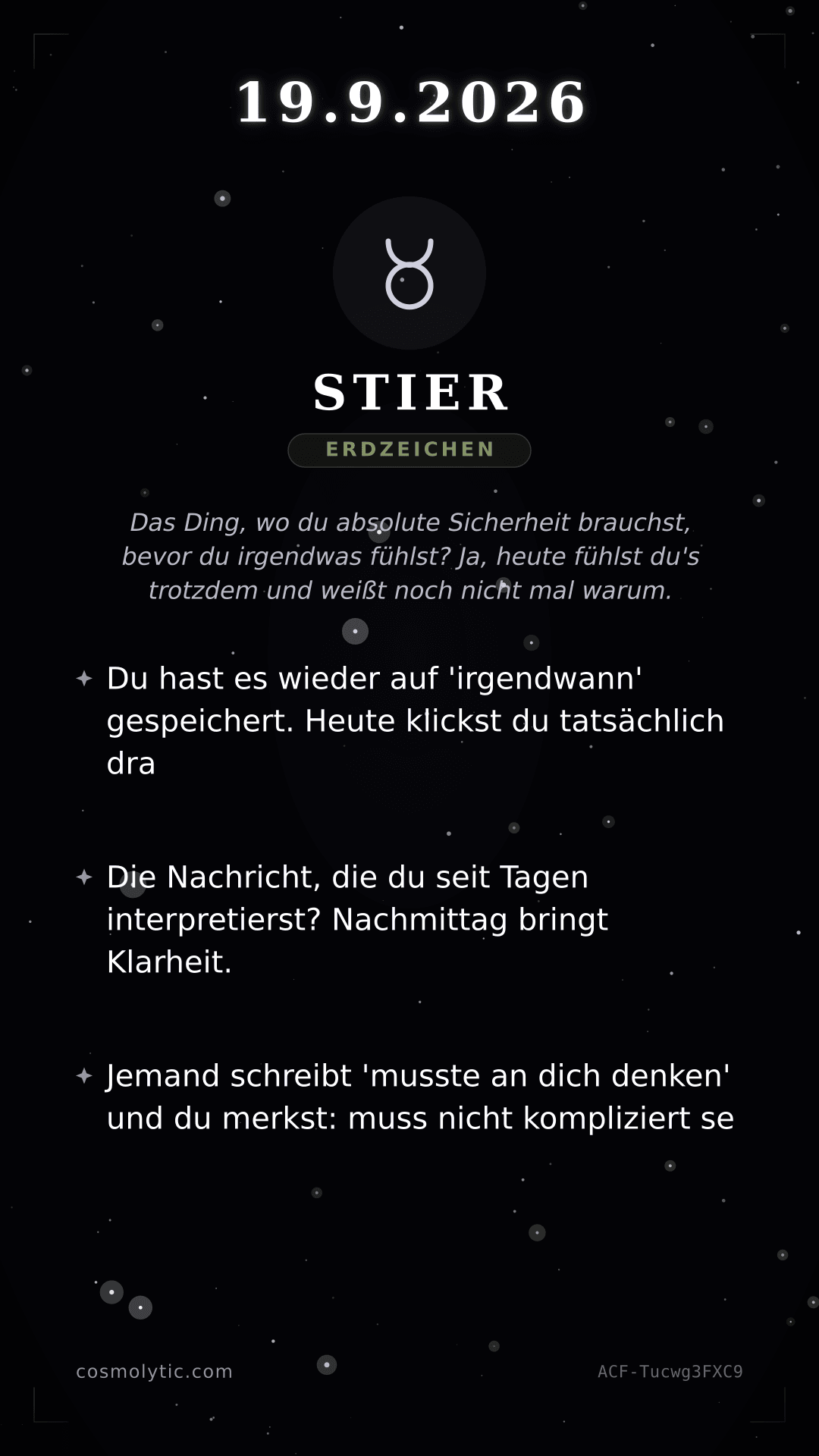 Stier Tageshoroskop-Karte für 19. September 2026
