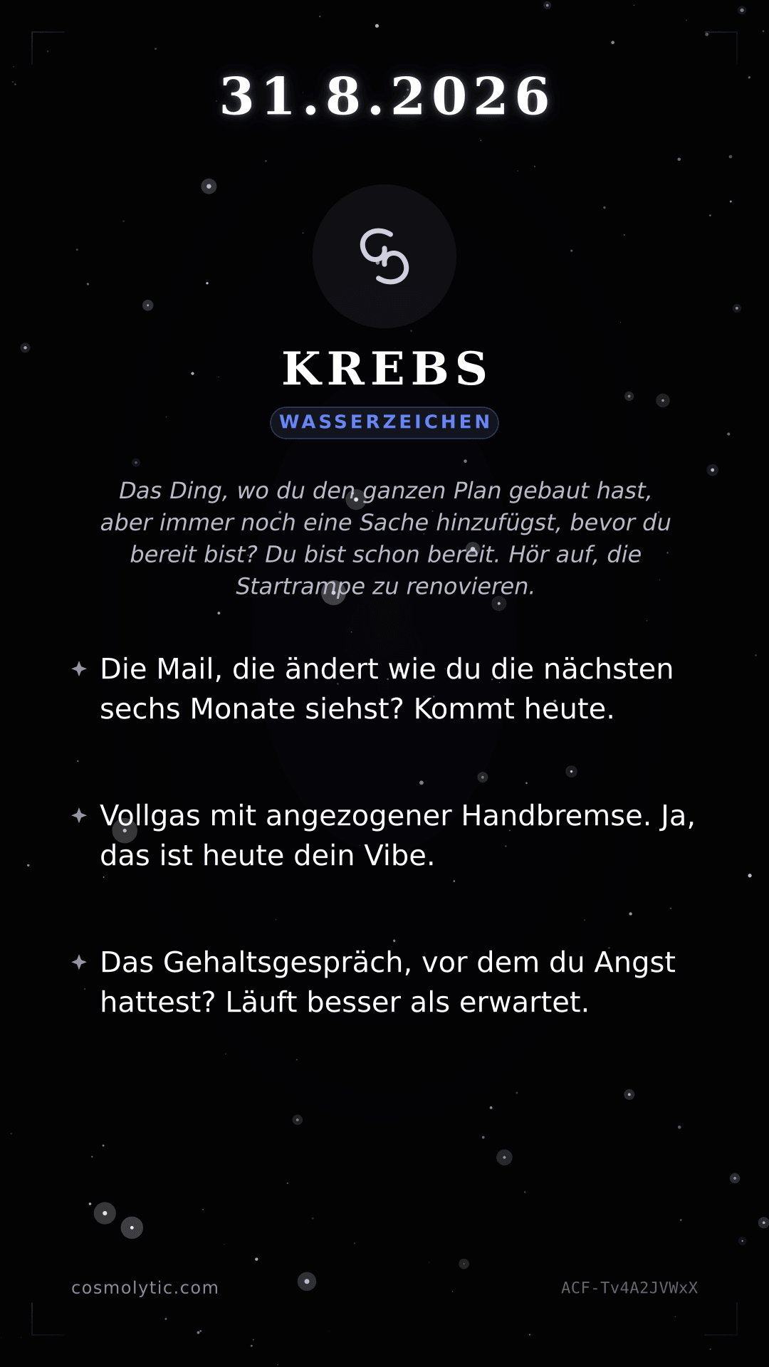 Krebs Tageshoroskop-Karte für 31. August 2026