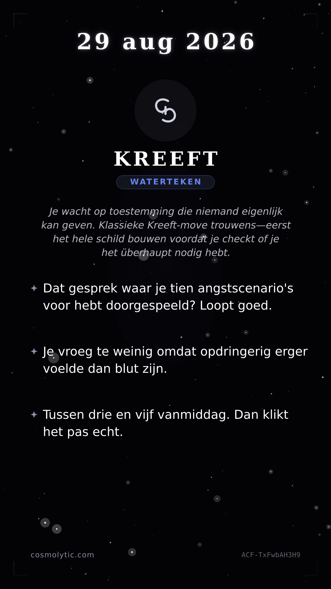 Kreeft daghoroscoop kaart voor 29 augustus 2026