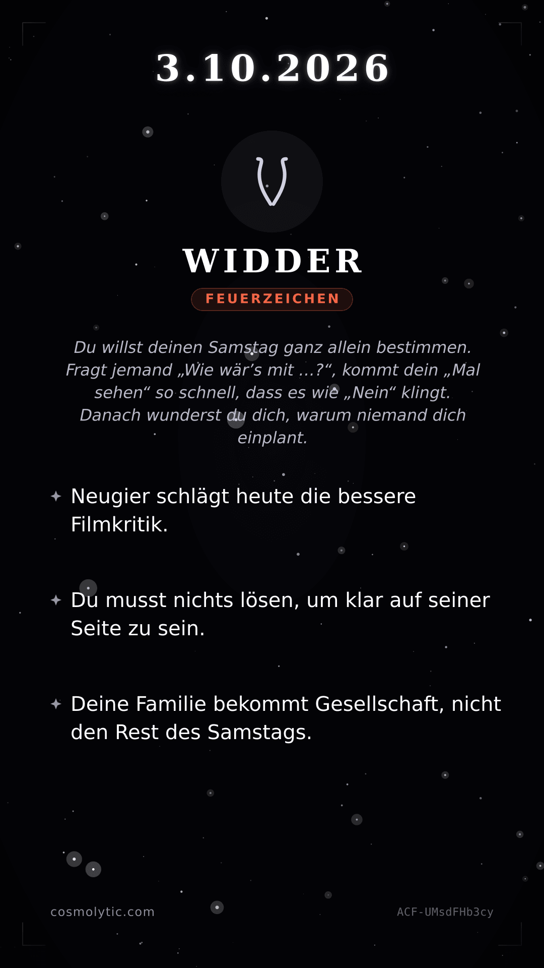 Widder Tageshoroskop-Karte für 3. Oktober 2026