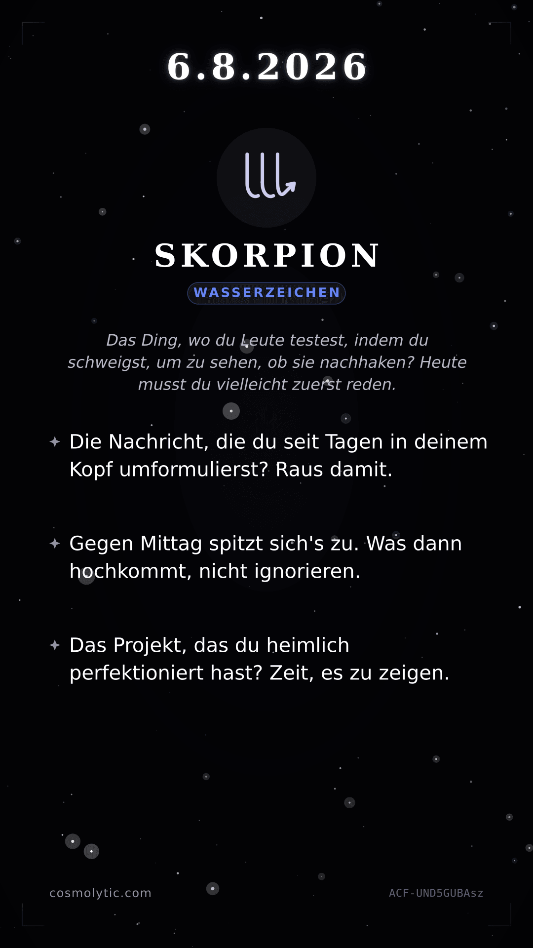 Skorpion Tageshoroskop-Karte für 6. August 2026