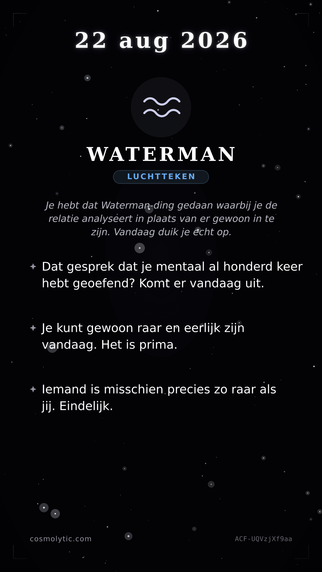 Waterman daghoroscoop kaart voor 22 augustus 2026