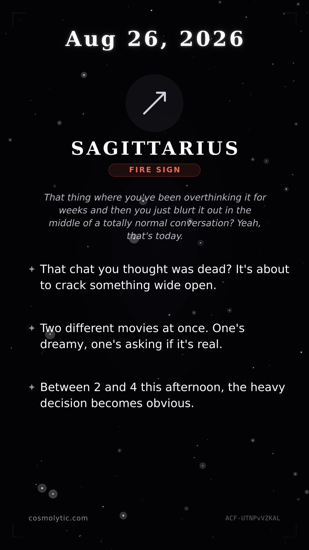 Sagittarius daily horoscope card for August 26, 2026