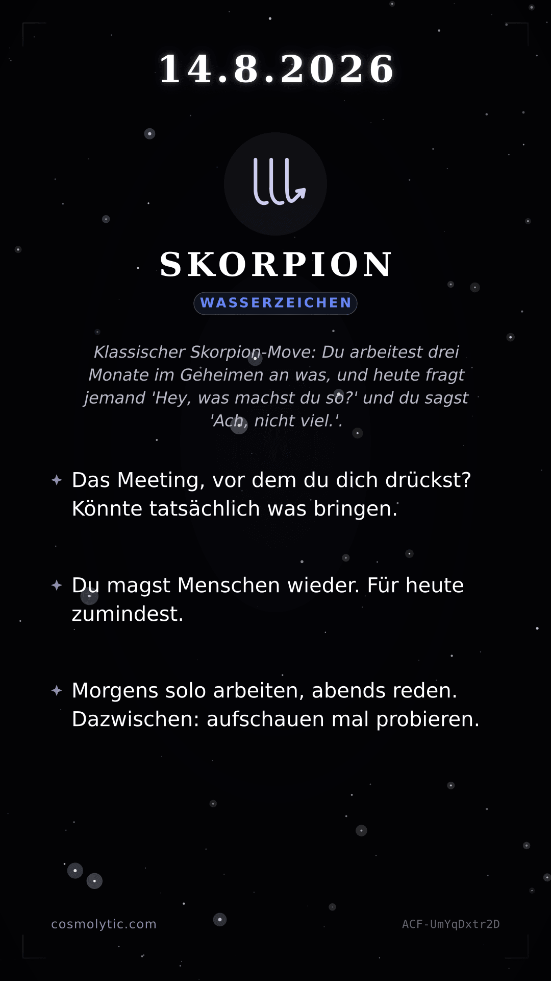 Skorpion Tageshoroskop-Karte für 14. August 2026