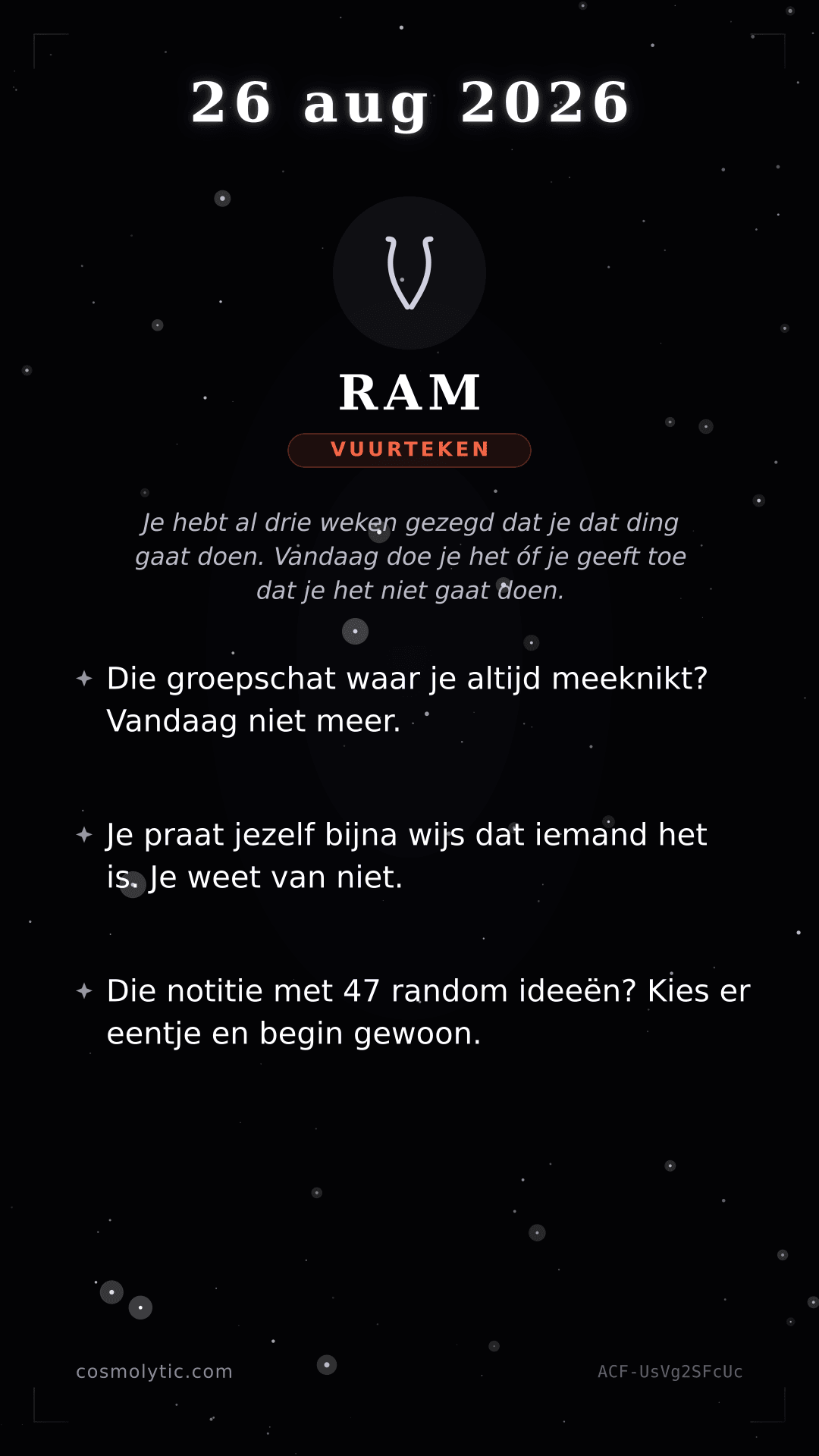 Ram daghoroscoop kaart voor 26 augustus 2026