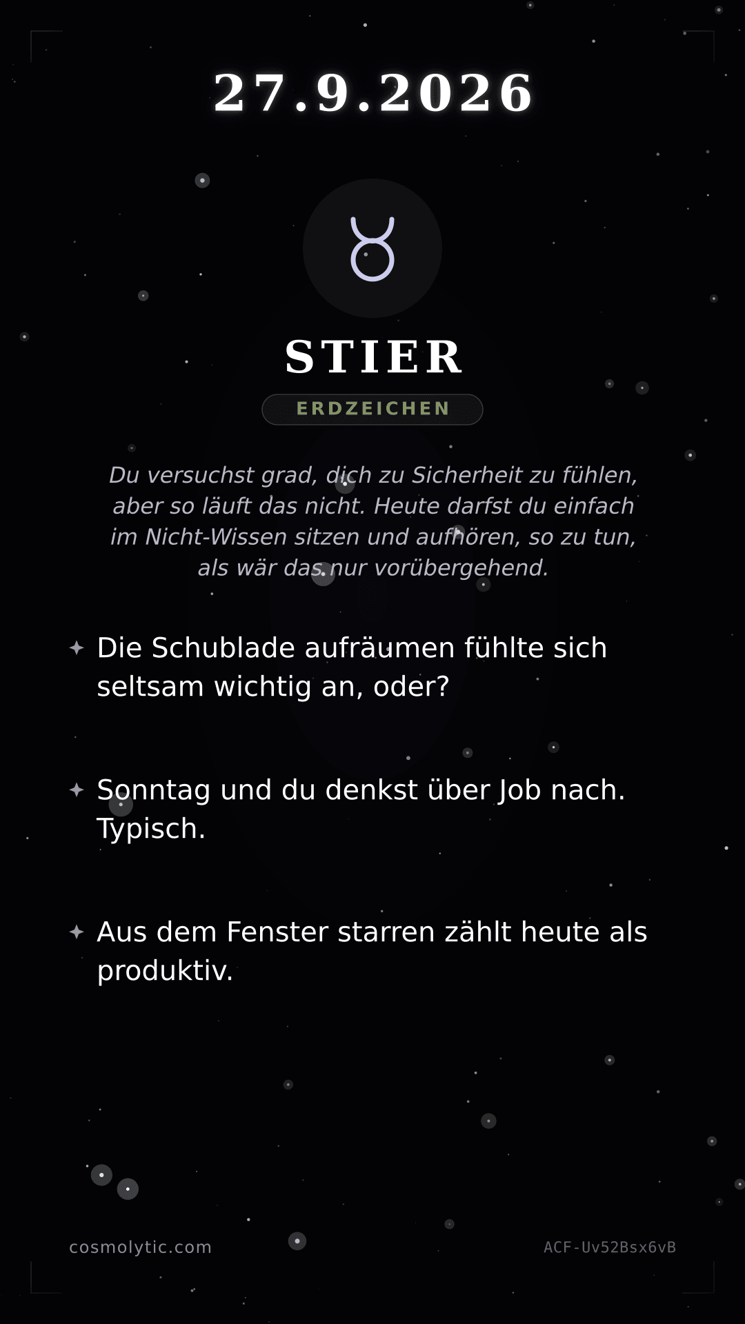 Stier Tageshoroskop-Karte für 27. September 2026