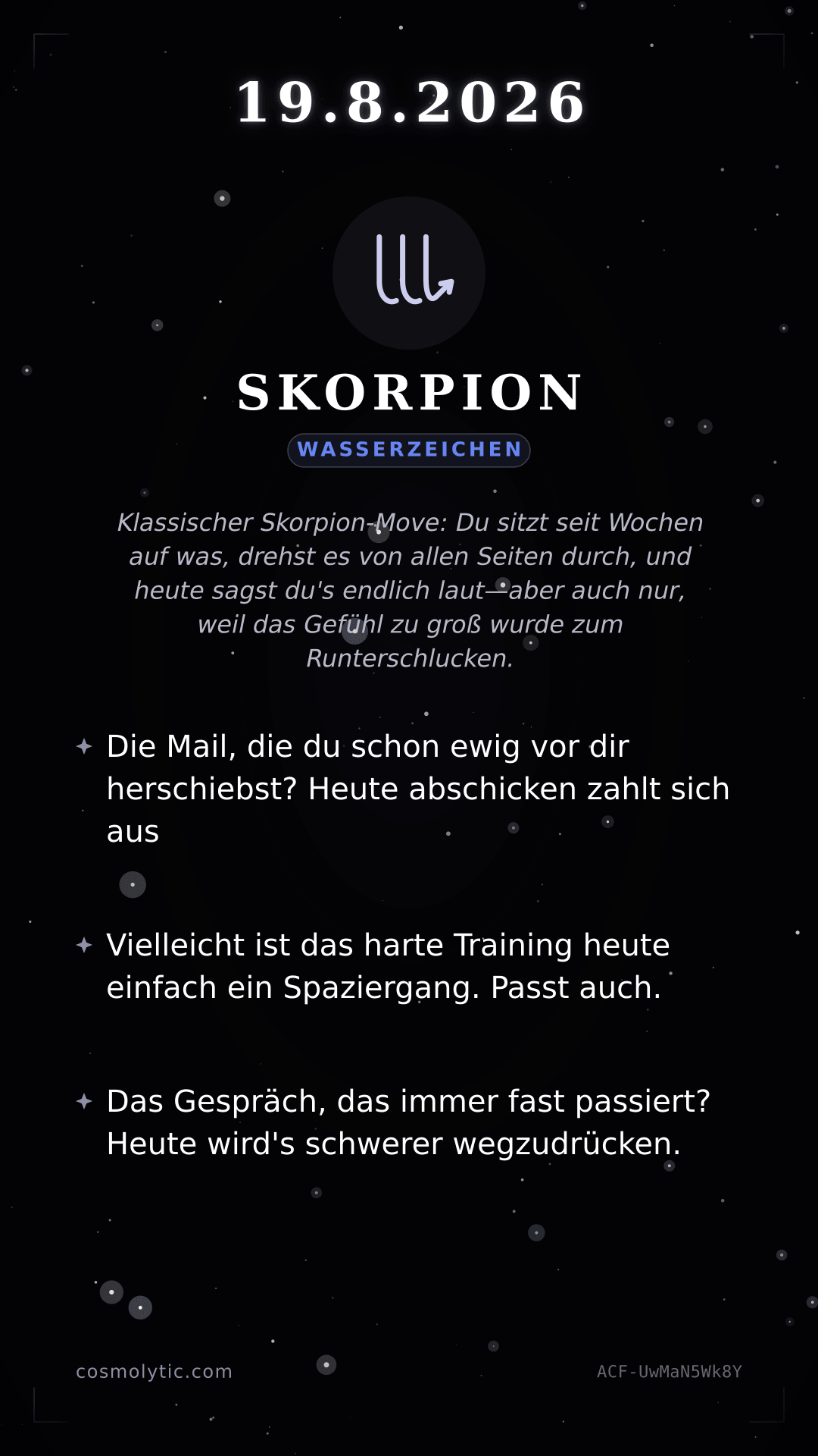Skorpion Tageshoroskop-Karte für 19. August 2026