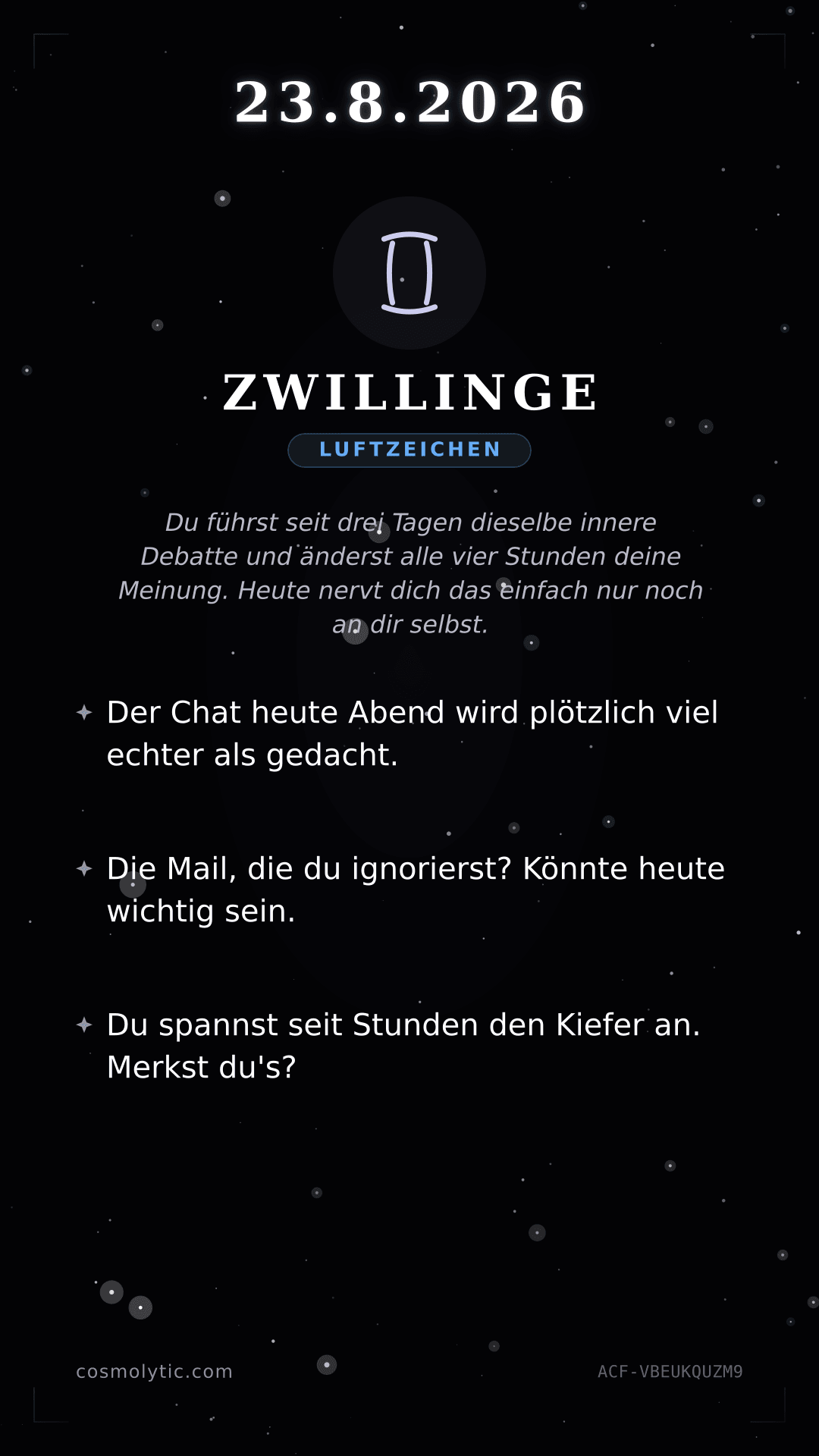 Zwillinge Tageshoroskop-Karte für 23. August 2026