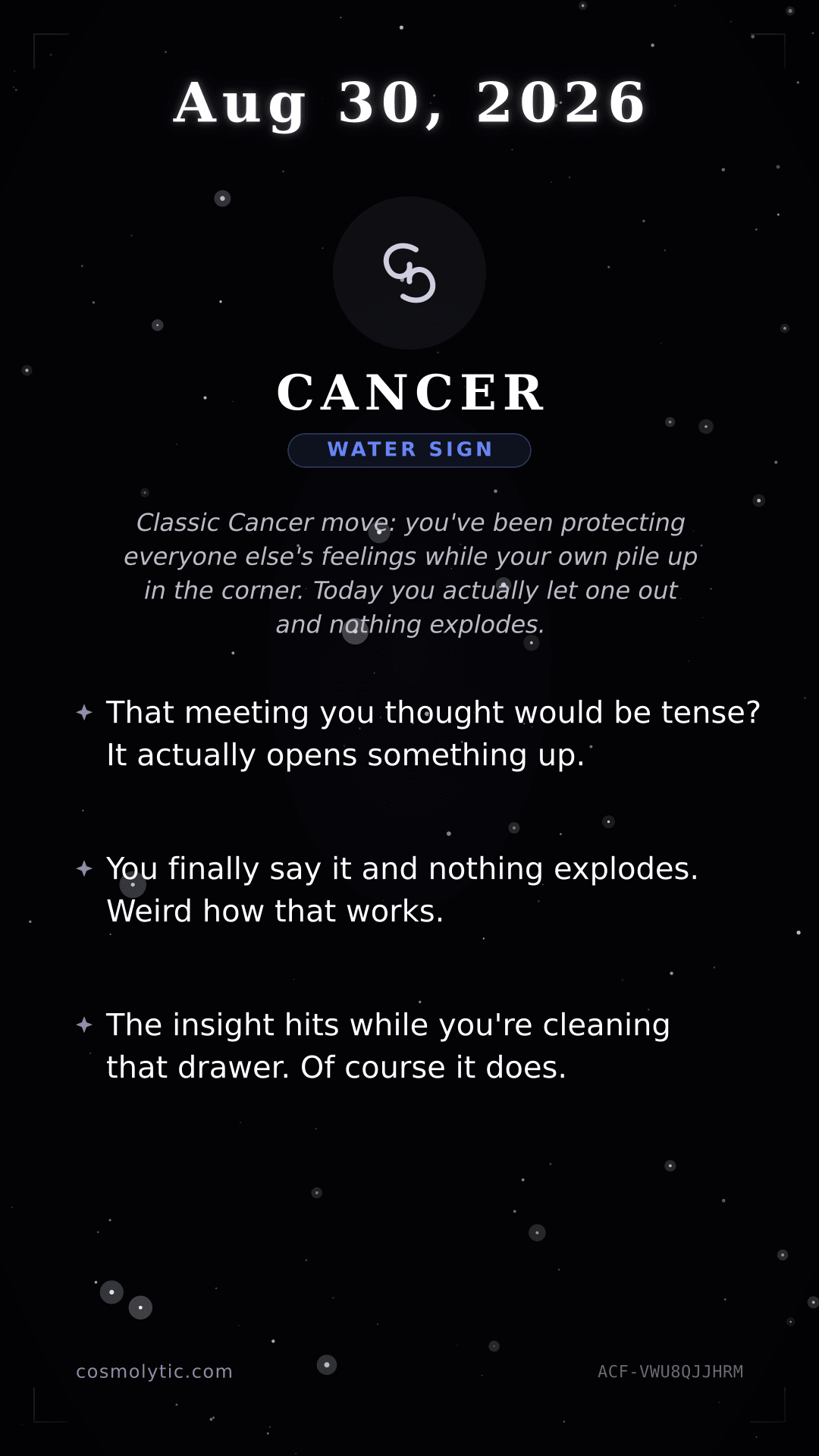 Cancer daily horoscope card for August 30, 2026