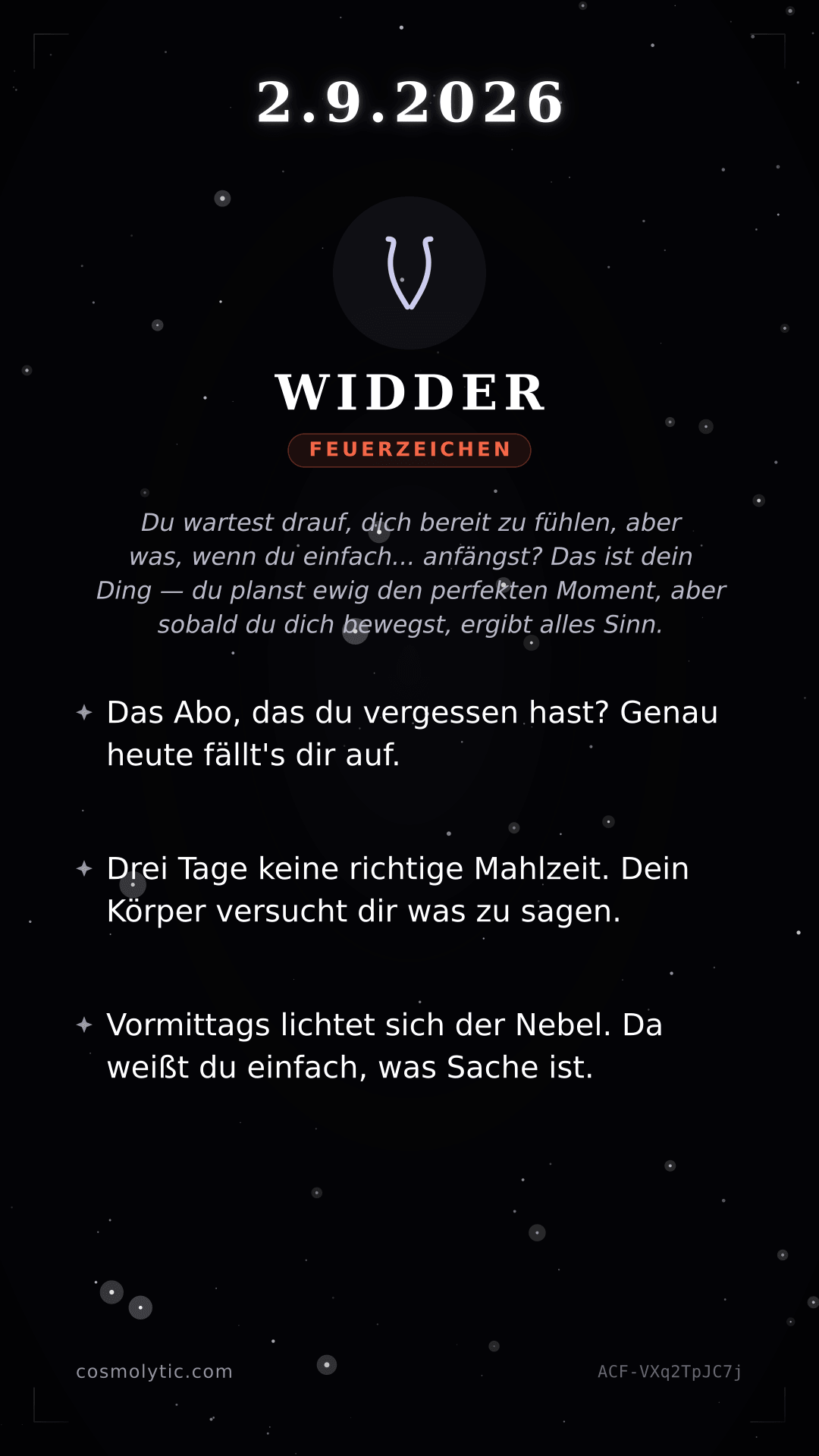 Widder Tageshoroskop-Karte für 2. September 2026