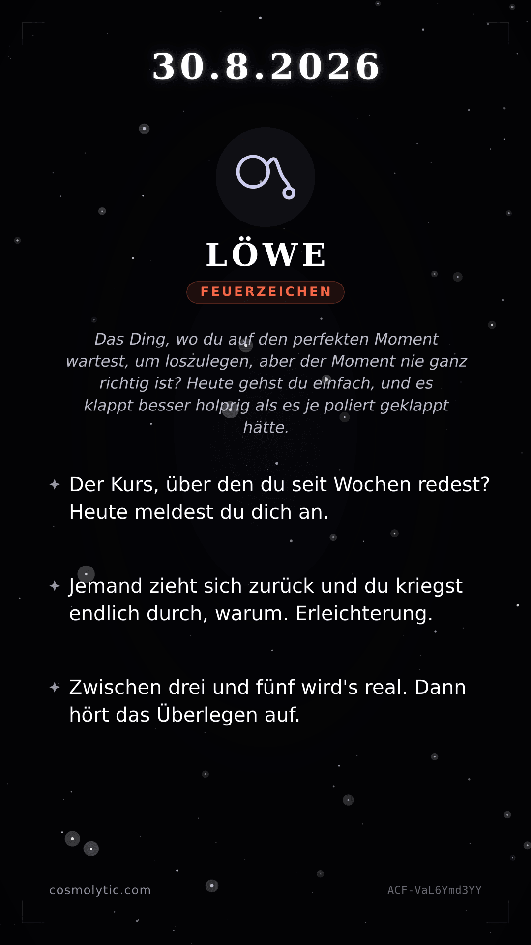 Löwe Tageshoroskop-Karte für 30. August 2026