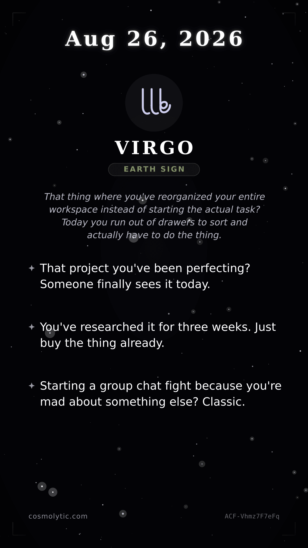 Virgo daily horoscope card for August 26, 2026