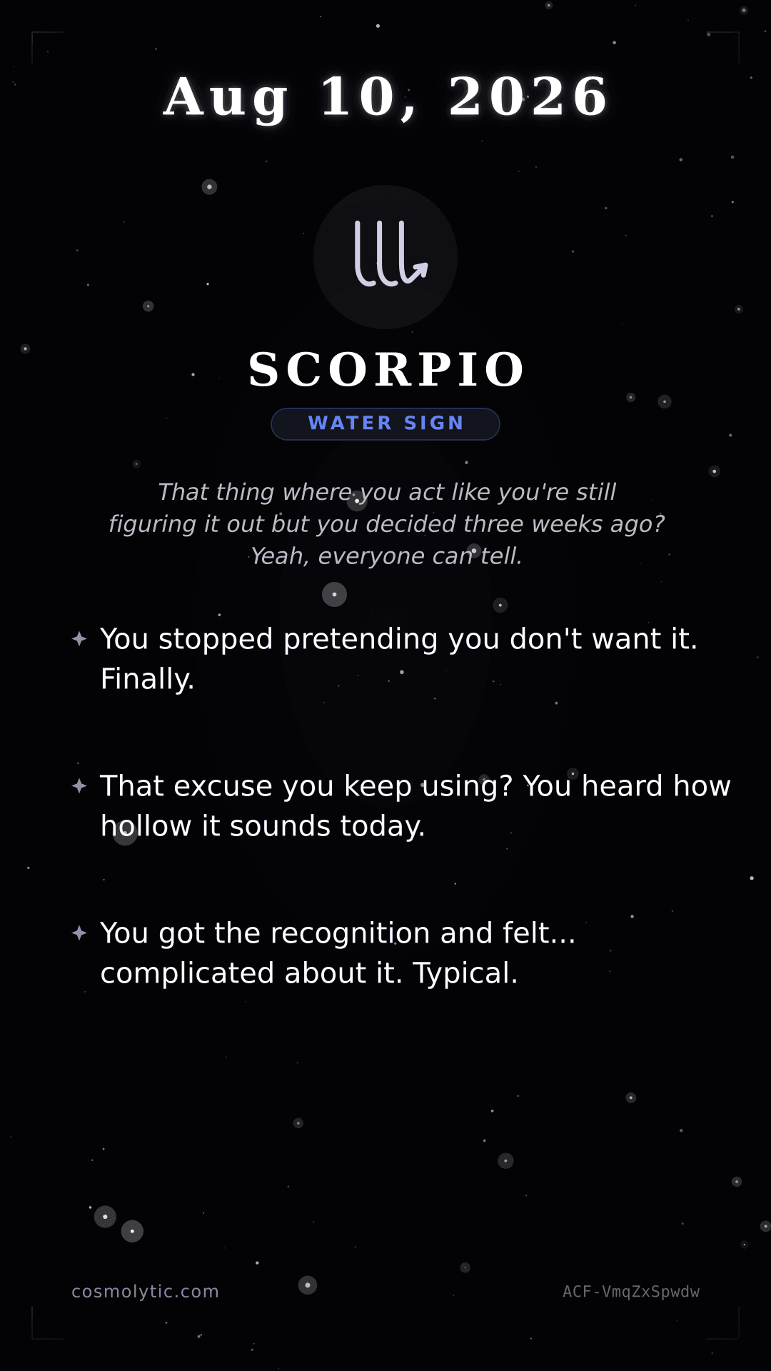 Scorpio daily horoscope card for August 10, 2026