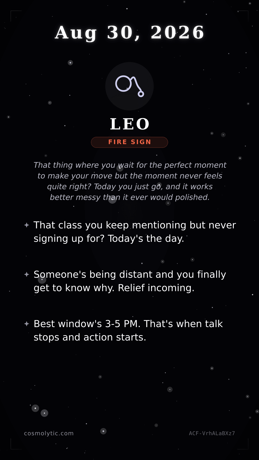 Leo daily horoscope card for August 30, 2026